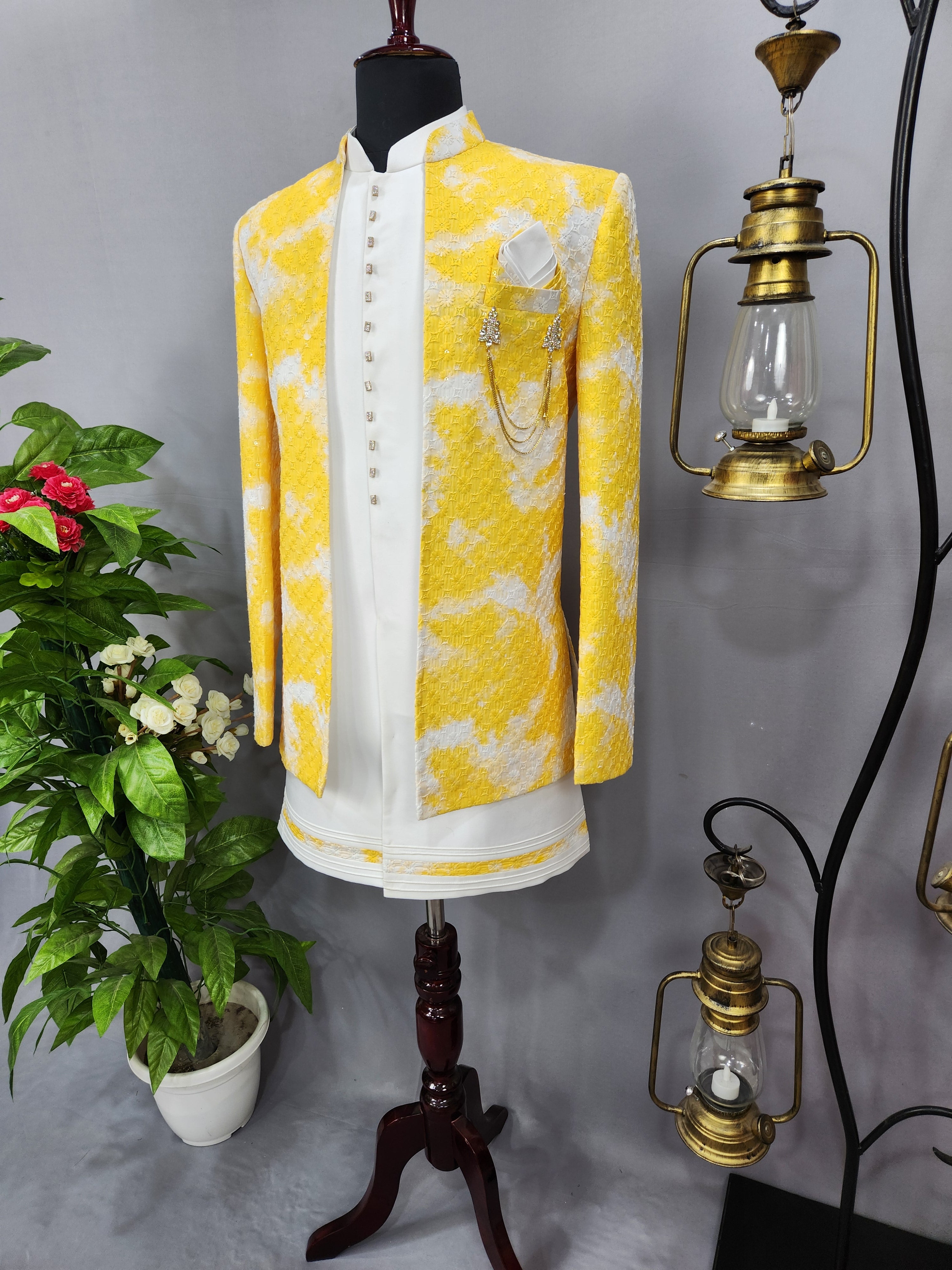 Yellow White Indo-Western Sherwani for Men | Indian Groom Wedding Outfit