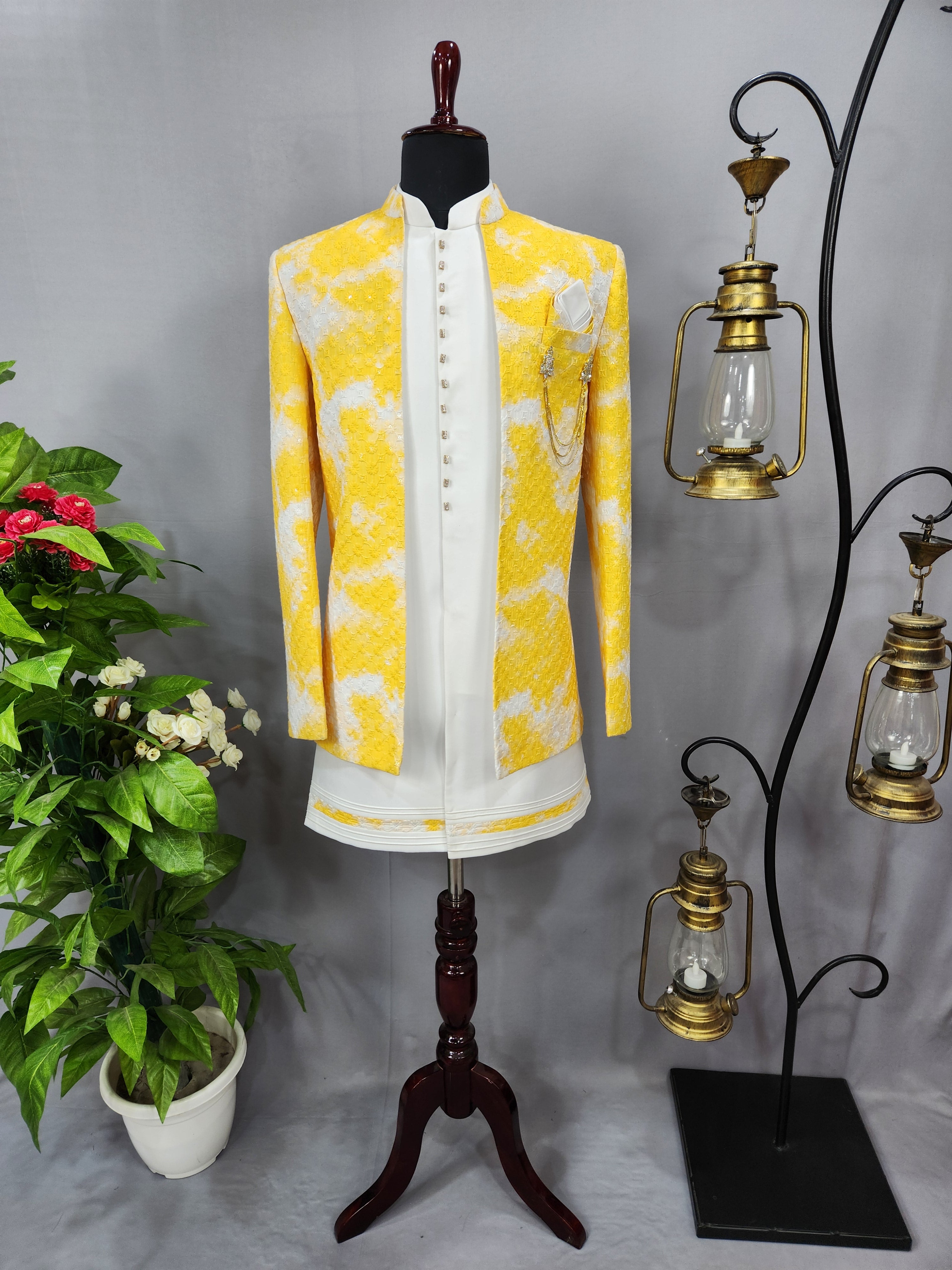 Yellow White Indo-Western Sherwani for Men | Indian Groom Wedding Outfit