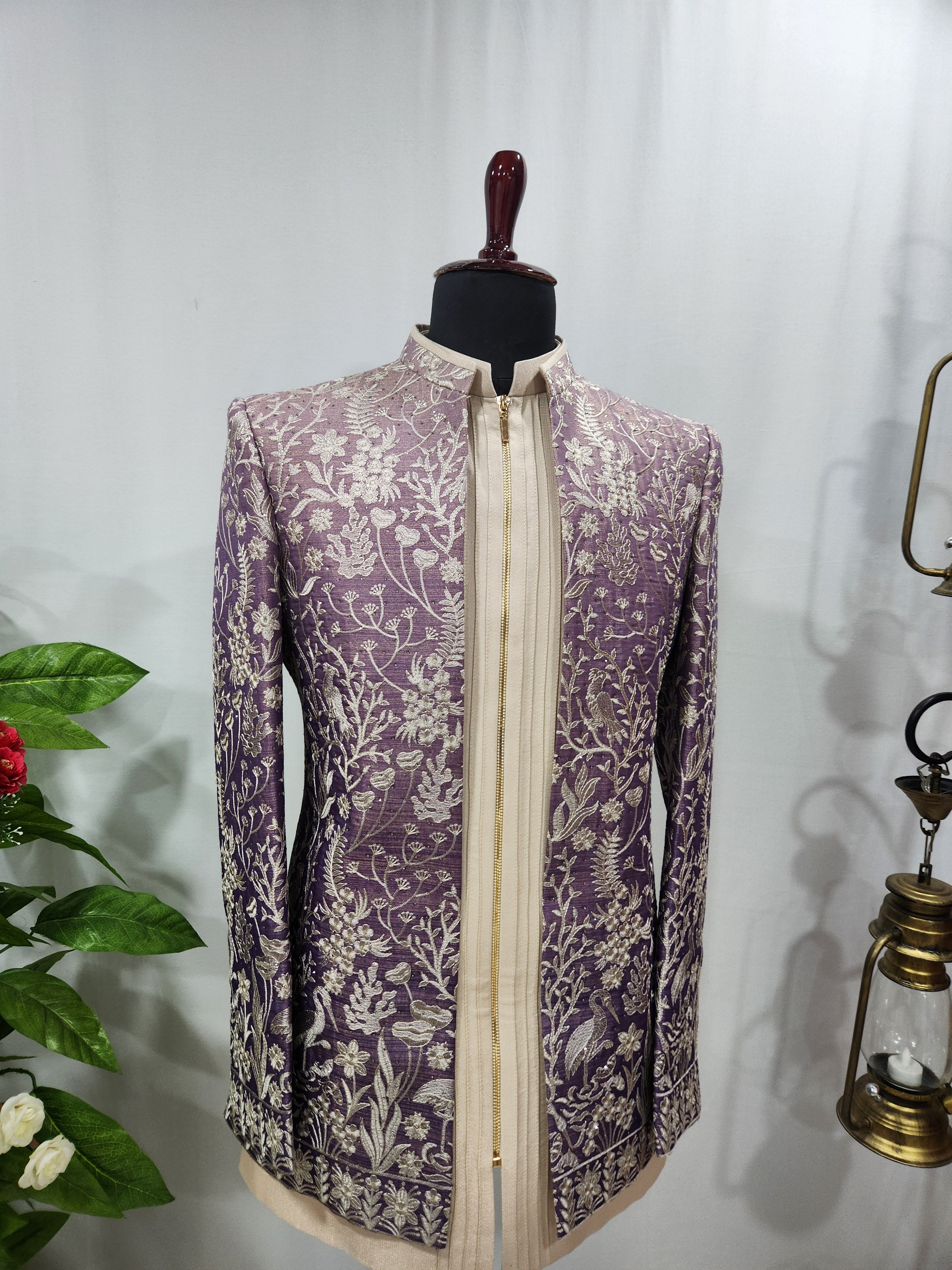 Lavender Indo-Western Sherwani for Men | Indian Groom Wedding Outfit