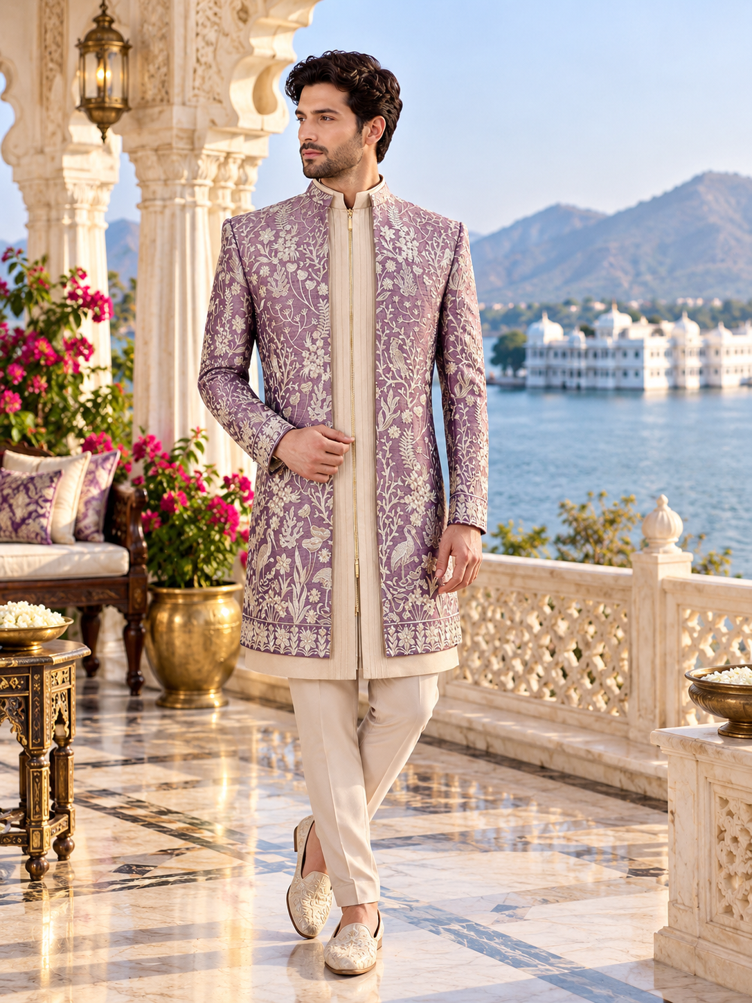 Lavender Indo-Western Sherwani for Men | Indian Groom Wedding Outfit