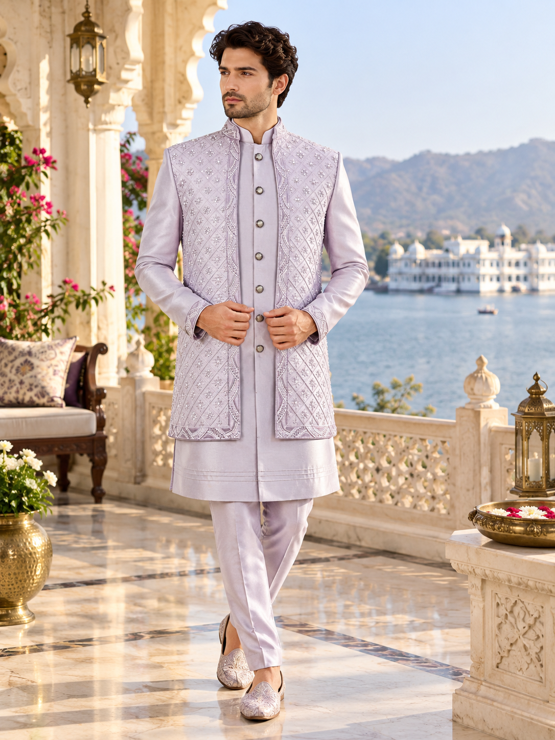 Lavender Indo-Western Sherwani for Men | Indian Groom Wedding Outfit