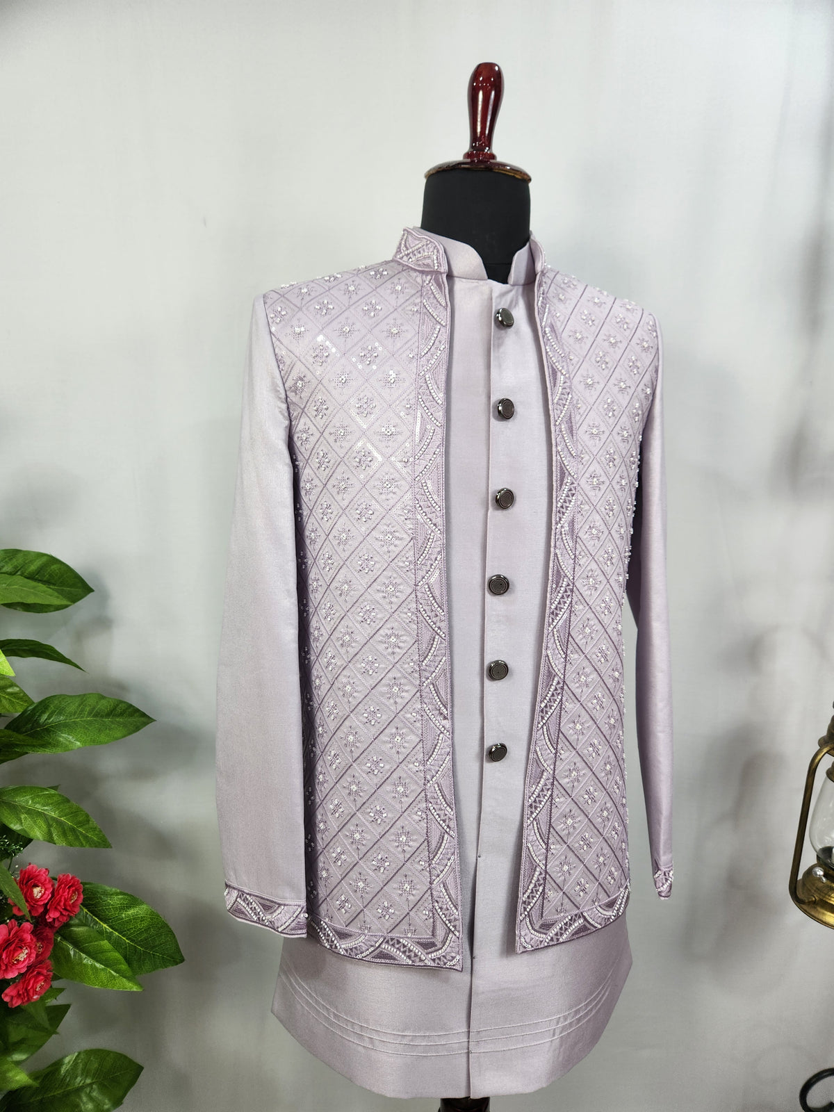Lavender Indo-Western Sherwani for Men | Indian Groom Wedding Outfit