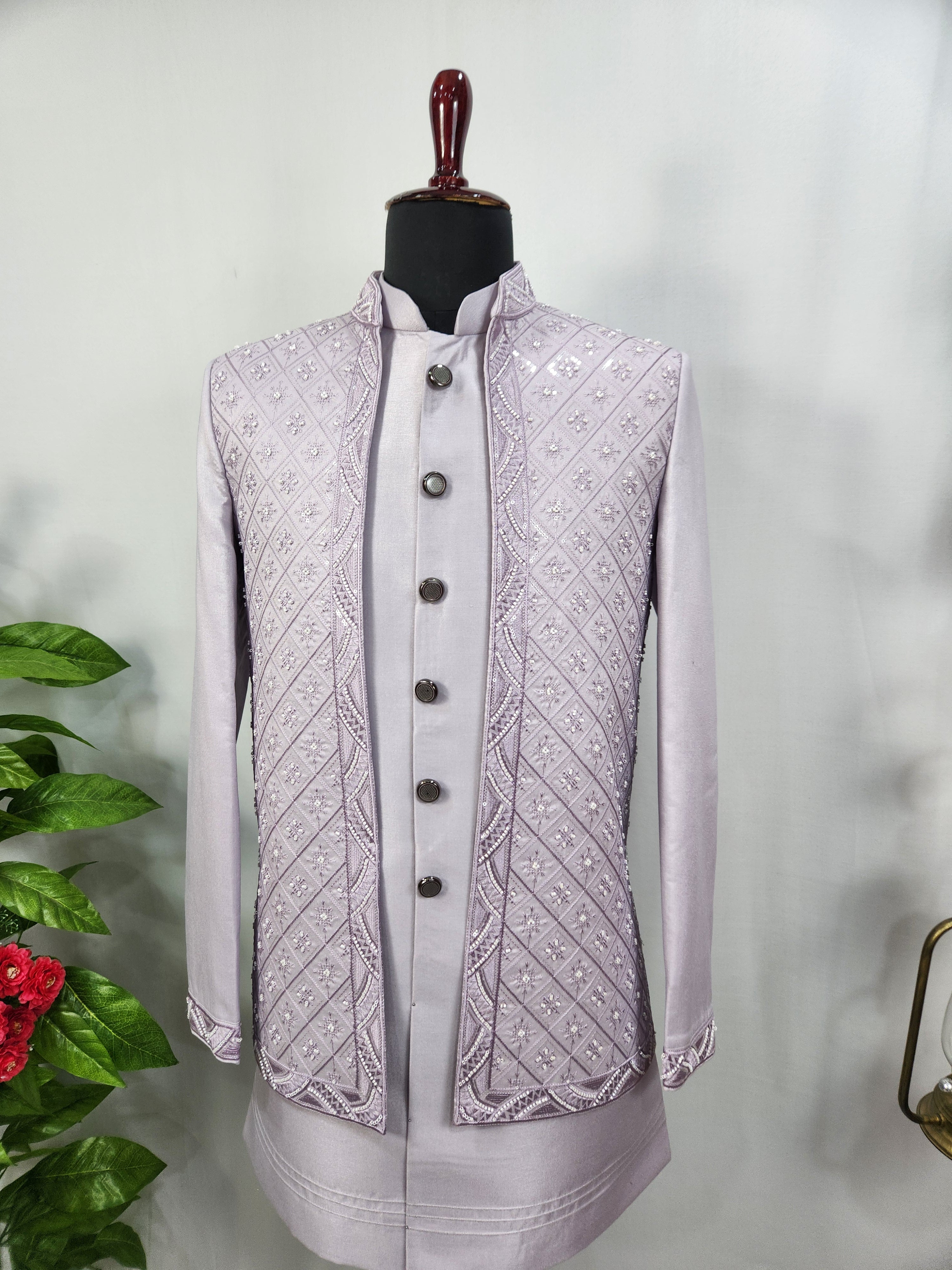 Lavender Indo-Western Sherwani for Men | Indian Groom Wedding Outfit