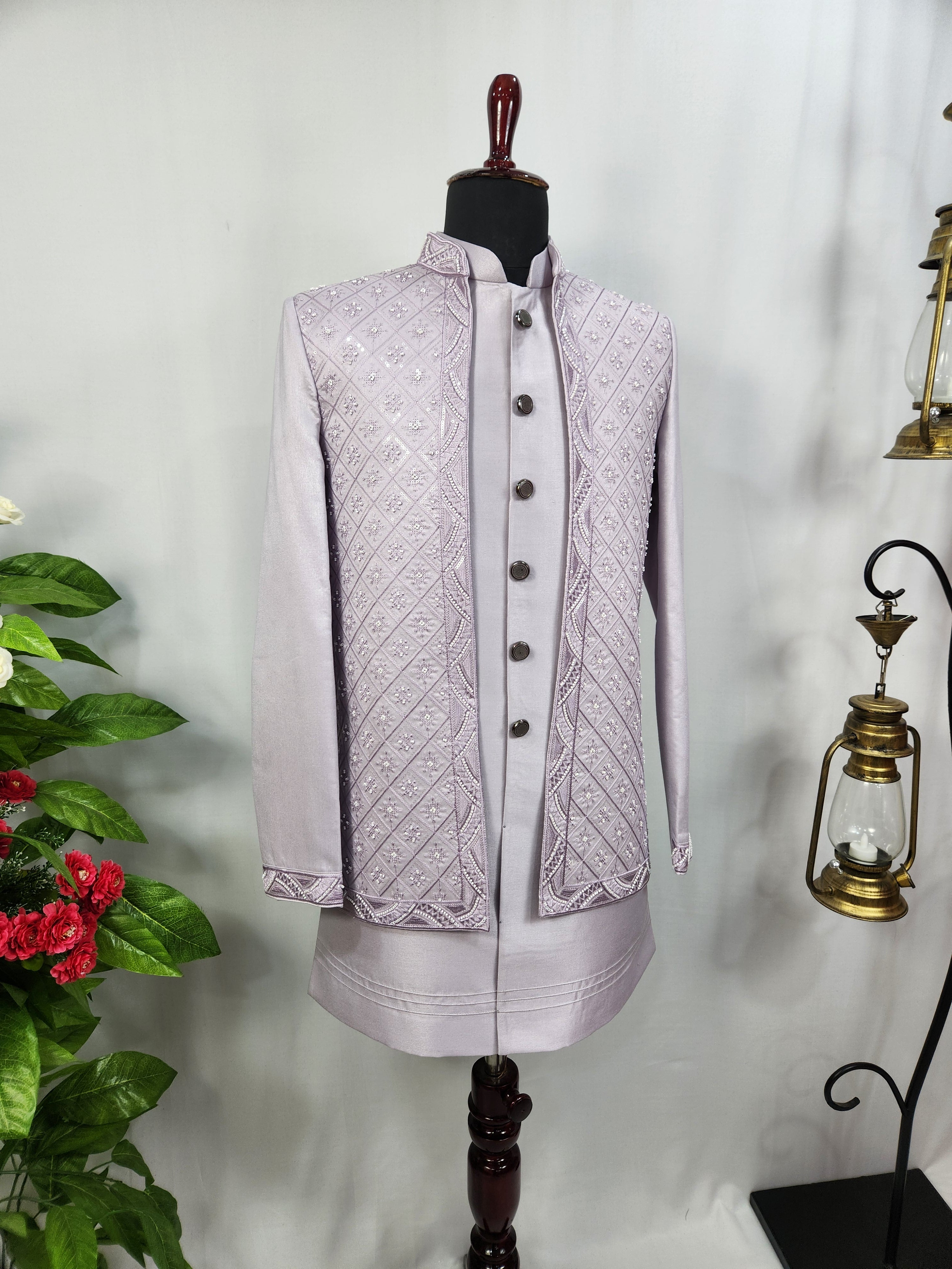 Lavender Indo-Western Sherwani for Men | Indian Groom Wedding Outfit