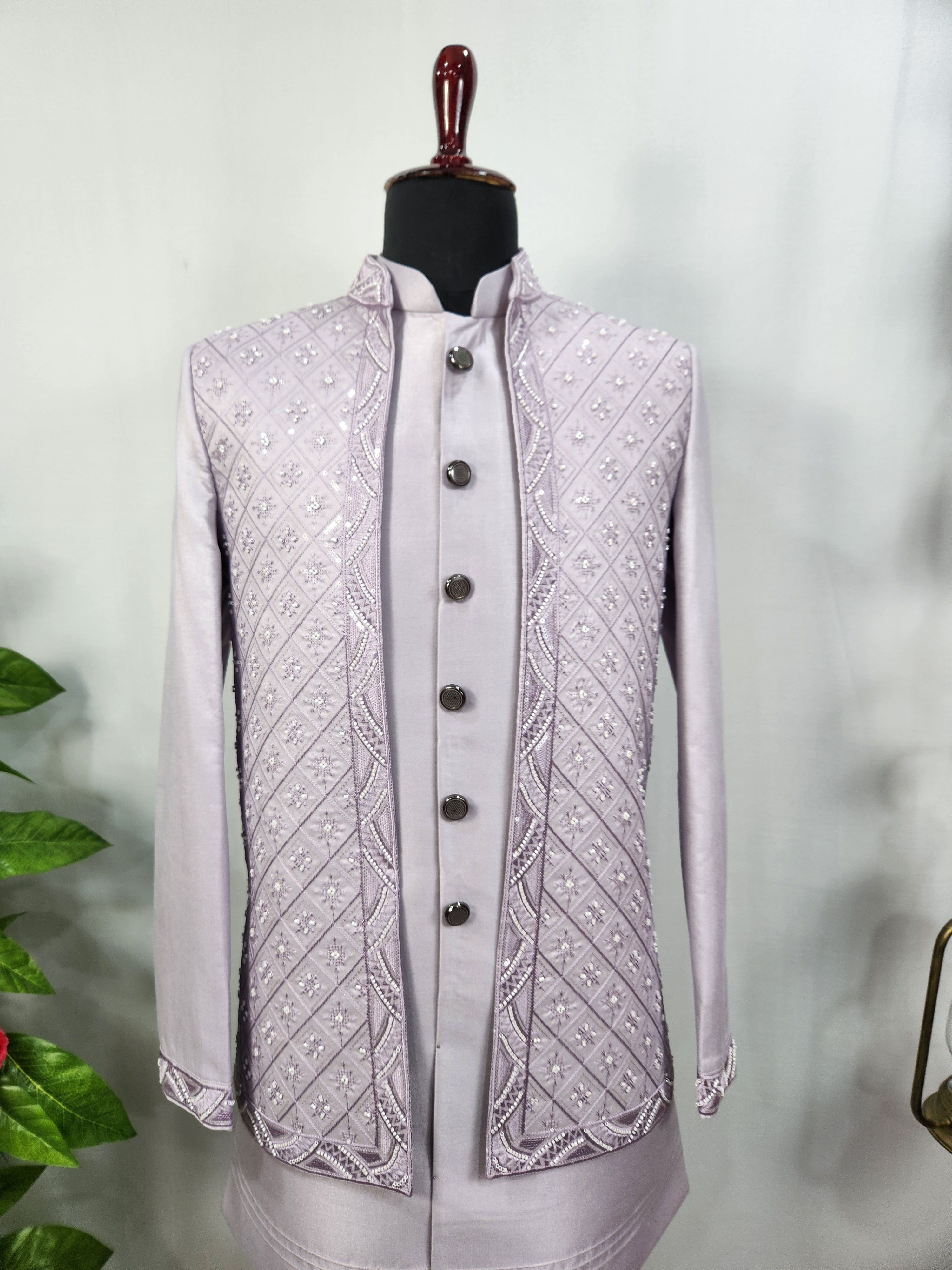 Lavender Indo-Western Sherwani for Men | Indian Groom Wedding Outfit