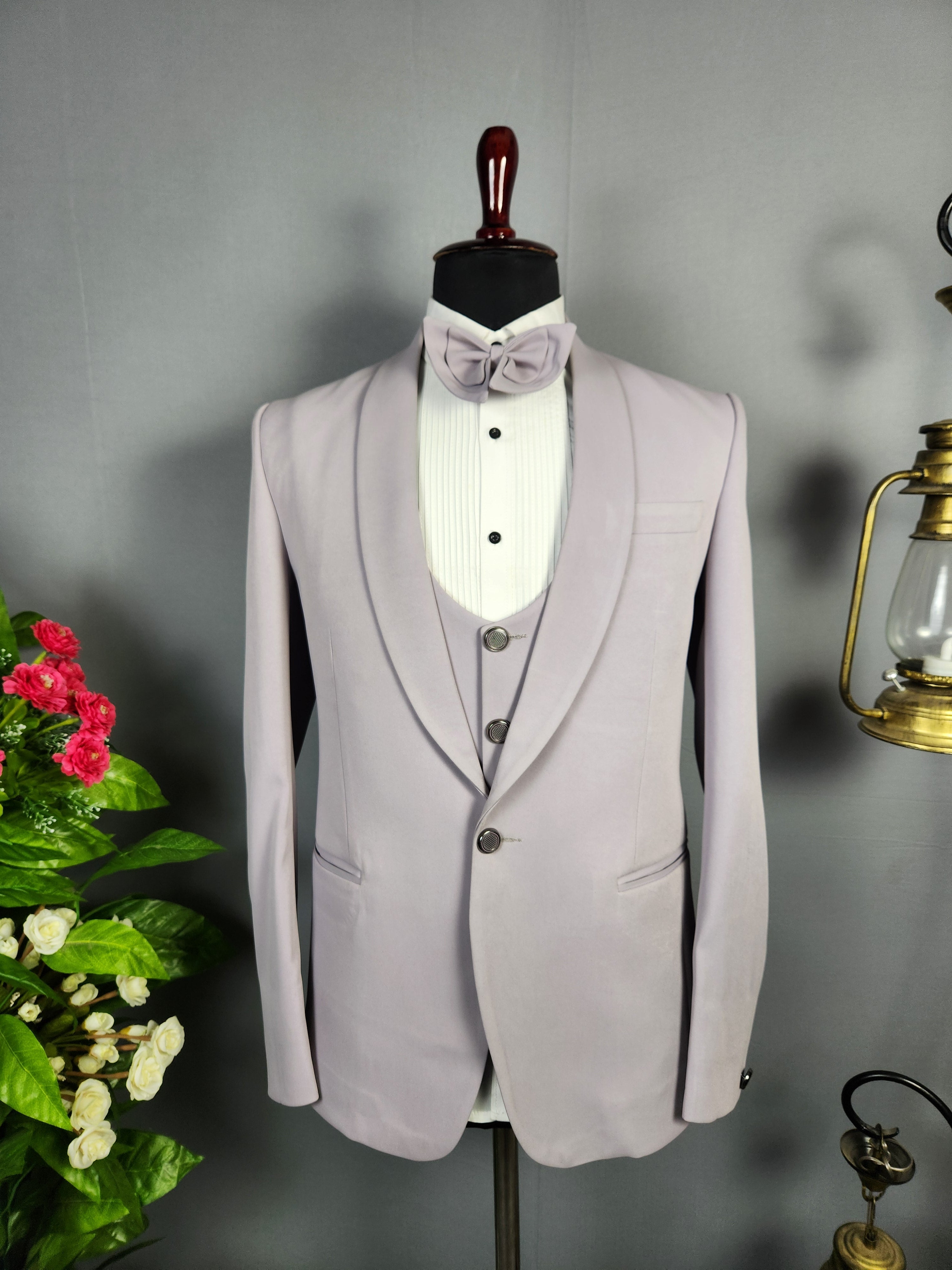 Men's pastel lavender tuxedo suit for Indian groom, perfect for wedding and reception wear
