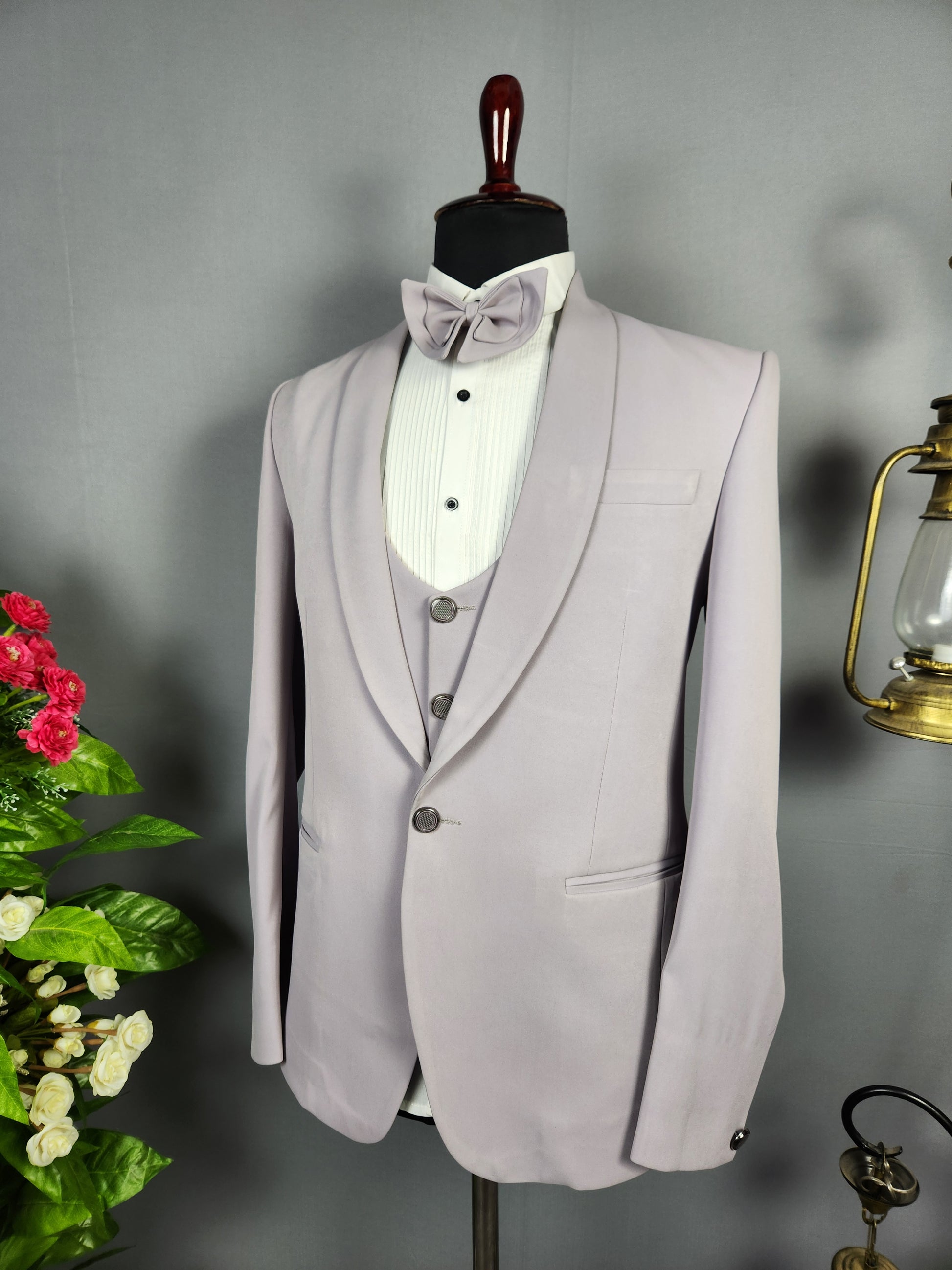 Men's pastel lavender tuxedo suit for Indian groom, perfect for wedding and reception wear
