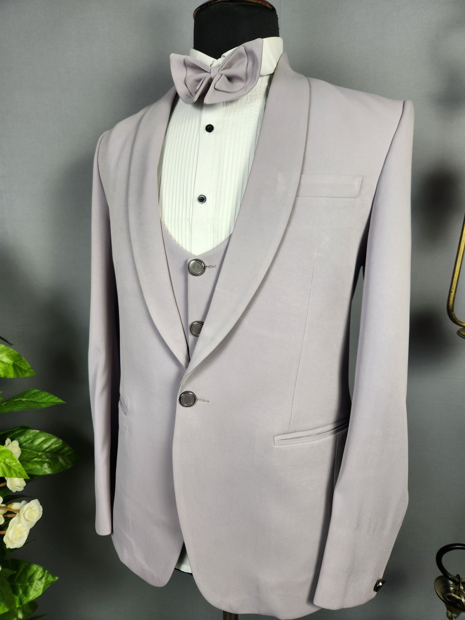 Men's pastel lavender tuxedo suit for Indian groom, perfect for wedding and reception wear
