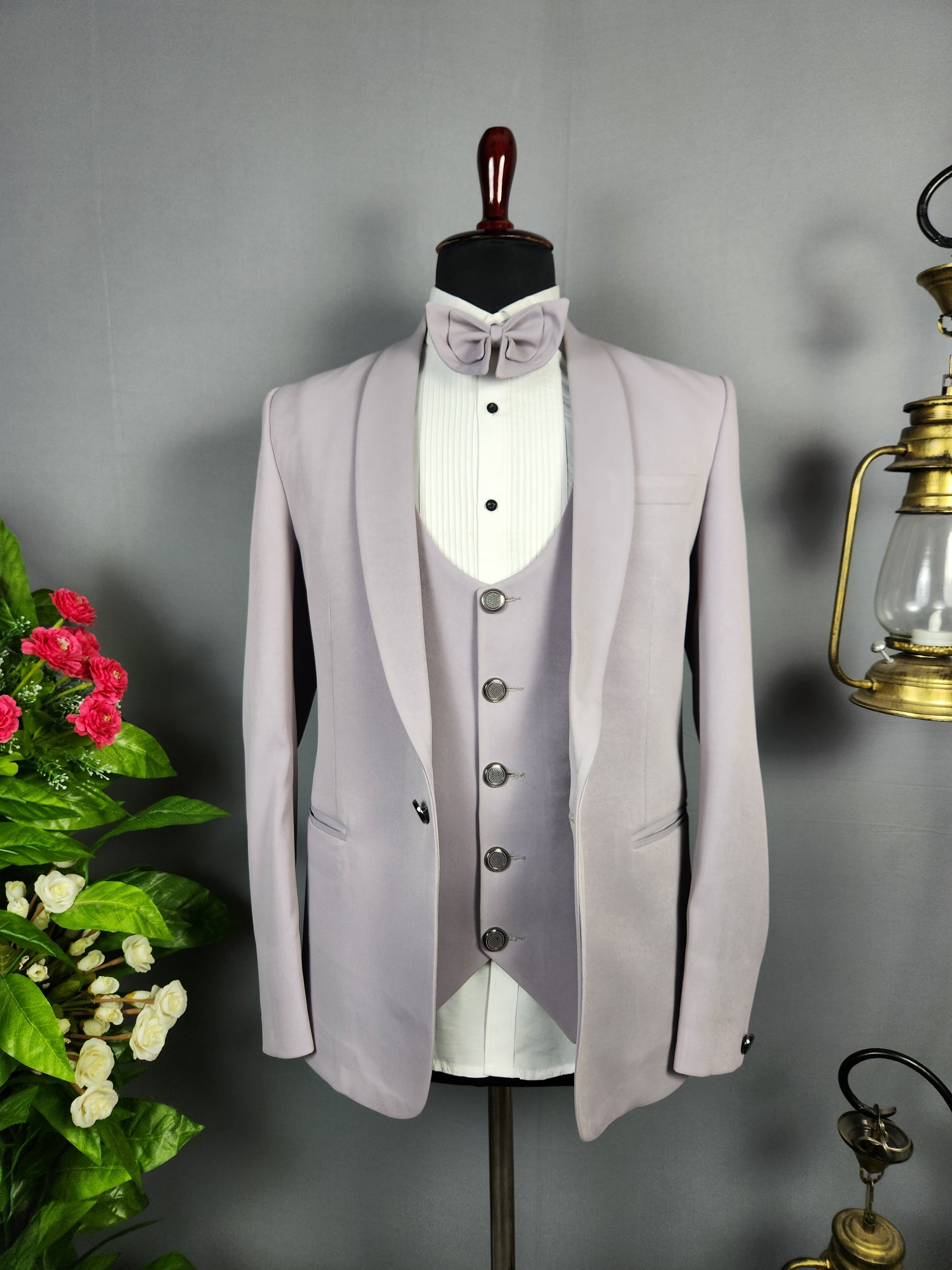 Men's pastel lavender tuxedo suit for Indian groom, perfect for wedding and reception wear

