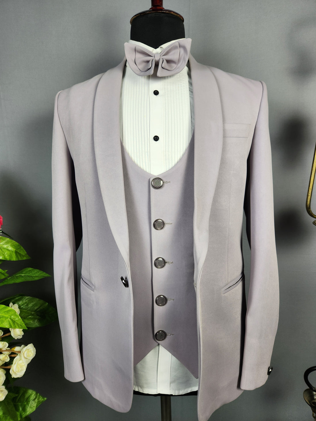 Men's pastel lavender tuxedo suit for Indian groom, perfect for wedding and reception wear

