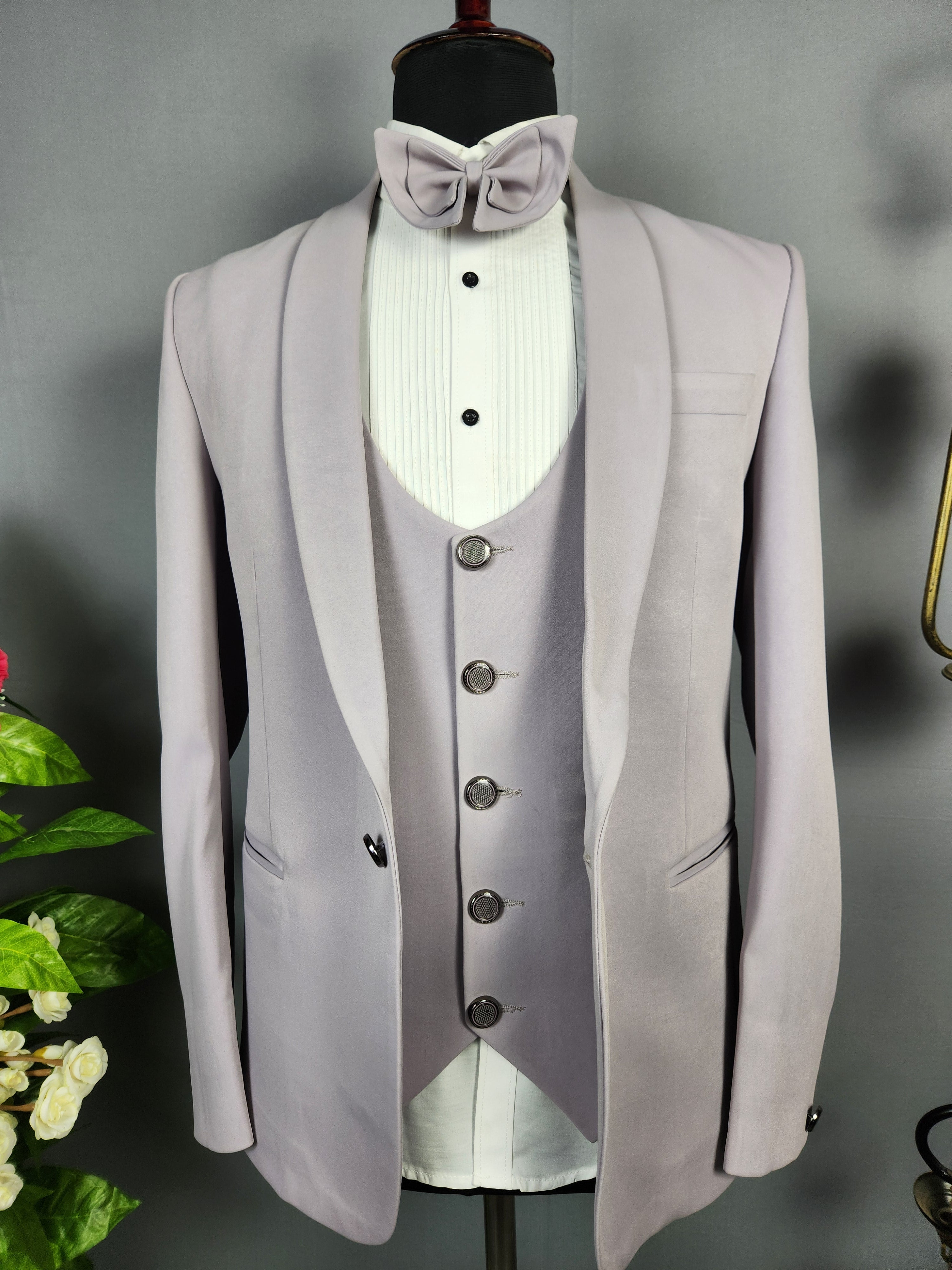 Men's pastel lavender tuxedo suit for Indian groom, perfect for wedding and reception wear
