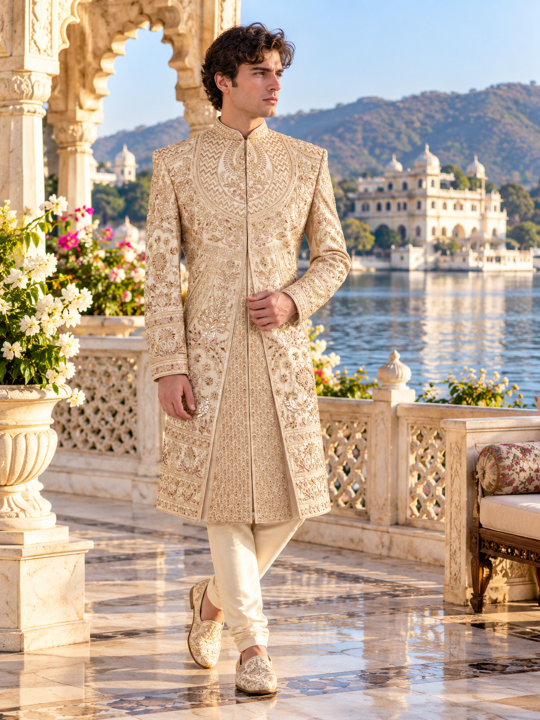 Champagne Golden Wedding Groom Sherwani - Layered Embroidery Design  | Sherwani For Men