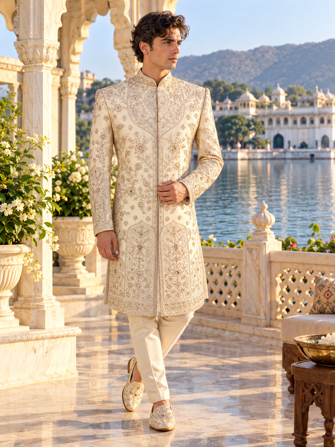 Champagne Golden Wedding Groom Sherwani - Diamond Zari Embroidery | Sherwani For Men