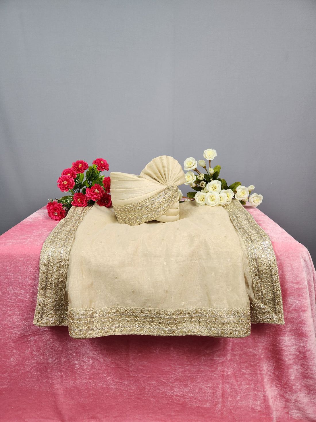 Light Golden Groom Turban Shawl Set 
