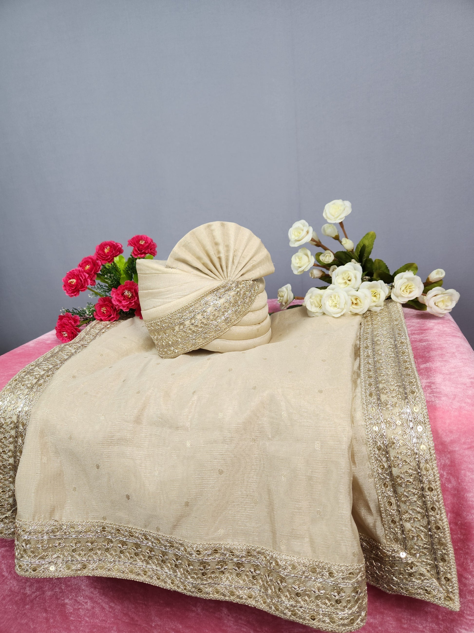 Light Golden Groom Turban Shawl Set 