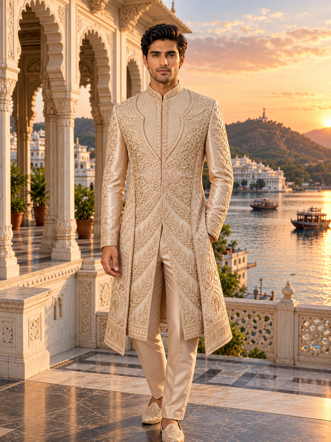 Champagne Golden Wedding Groom Sherwani - Anarkali Kurta Design  | Sherwani For Men