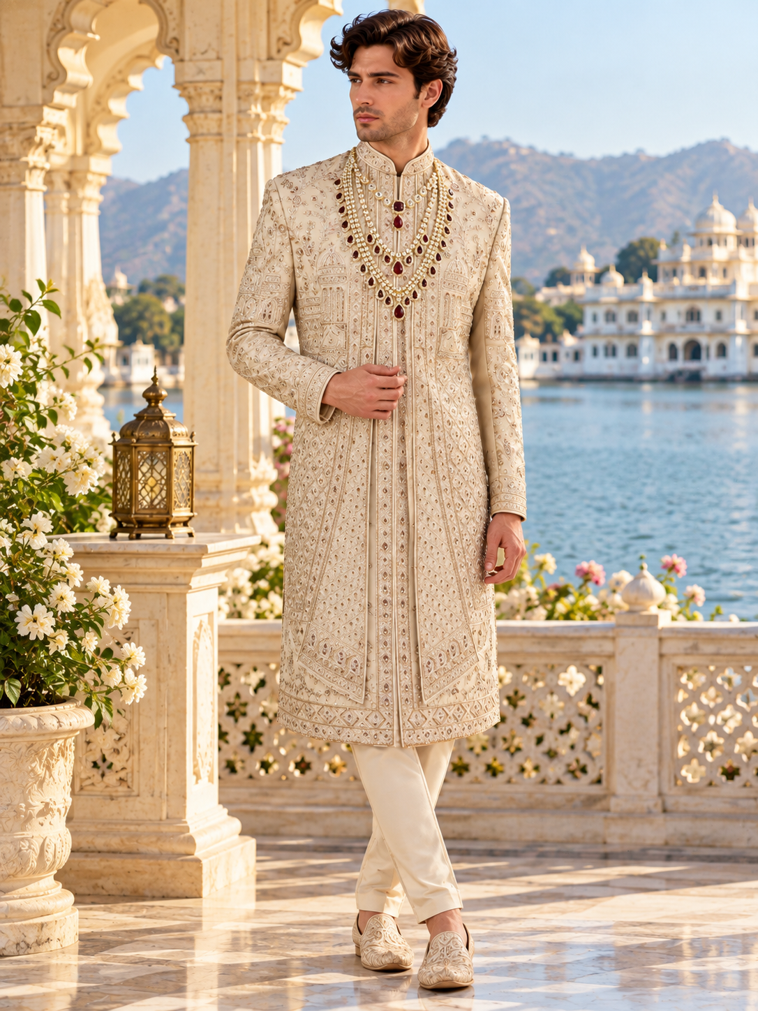 Champagne Golden Wedding Groom Sherwani - Layered Design  | Sherwani For Men