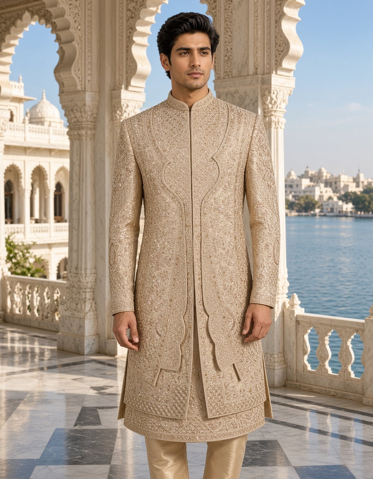 Champagne Golden Wedding Groom Sherwani - Triple Layered Kurta Design  | Sherwani For Men