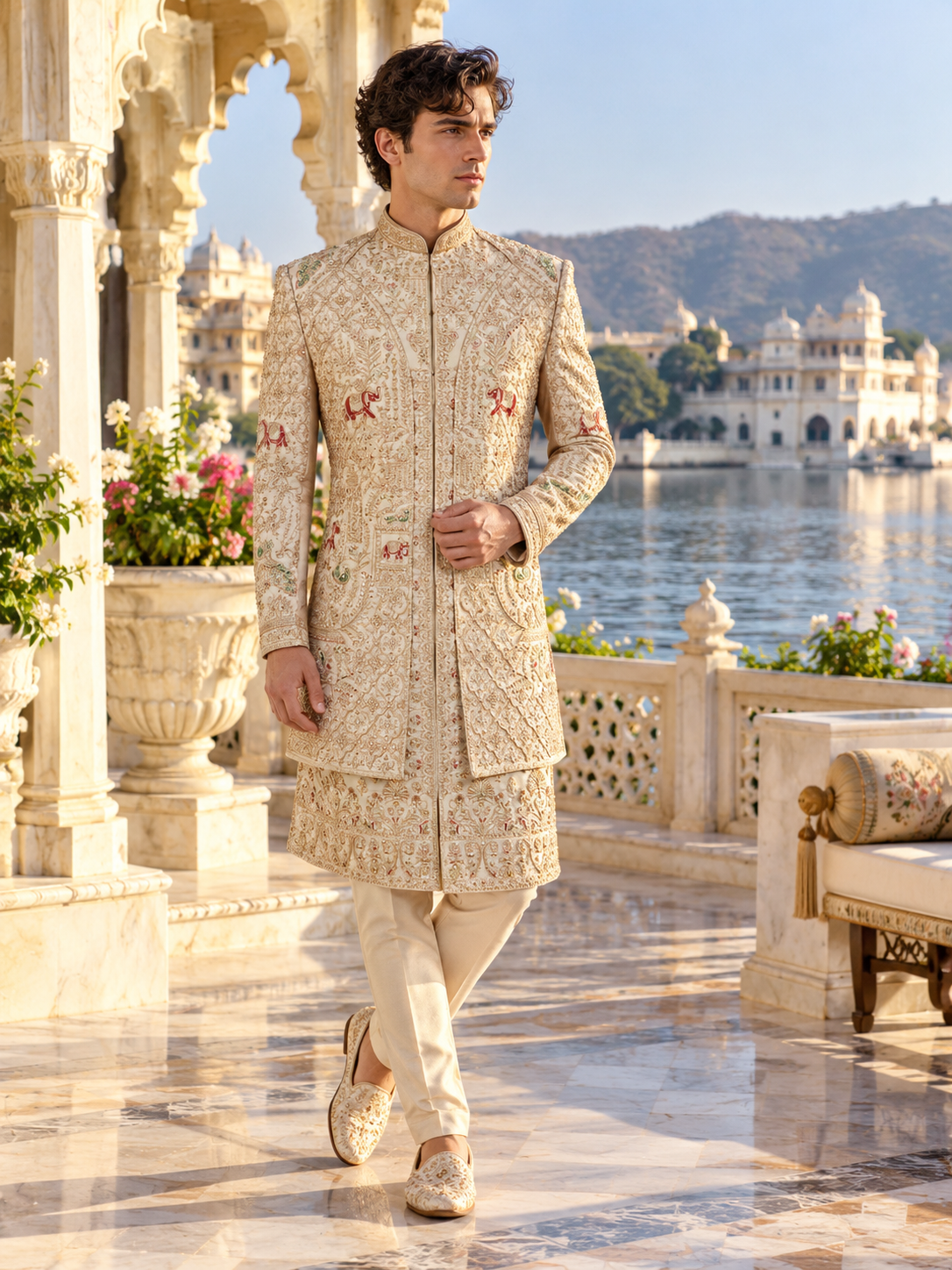 Champagne Golden Wedding Groom Sherwani - Layered Elephant Peacock Design  | Sherwani For Men