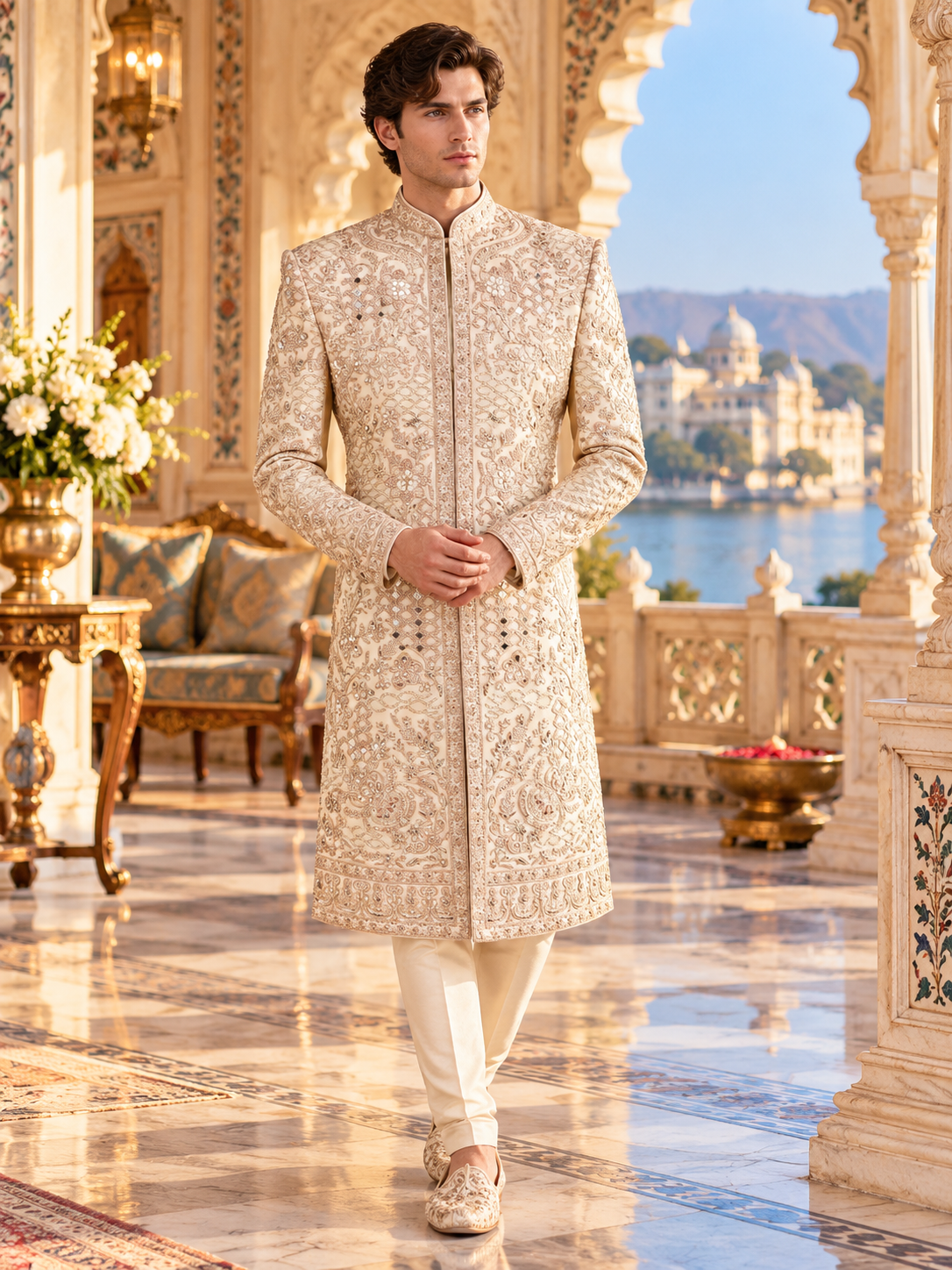 Light Golden Groom Sherwani - Mirror Work Design | Sherwani For Men