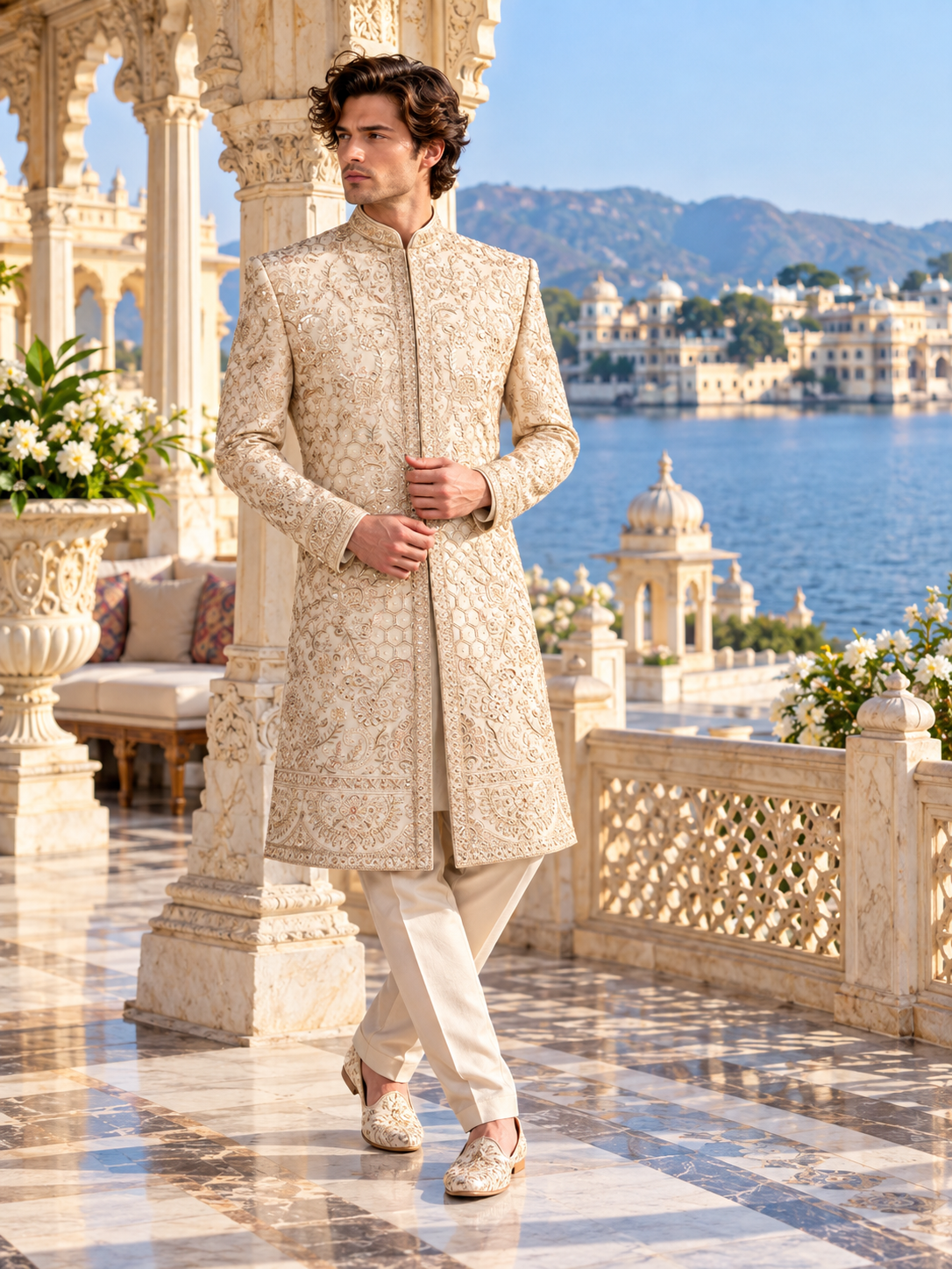 Champagne Golden Wedding Groom Sherwani - Diamond Zari Embroidery | Sherwani For Men