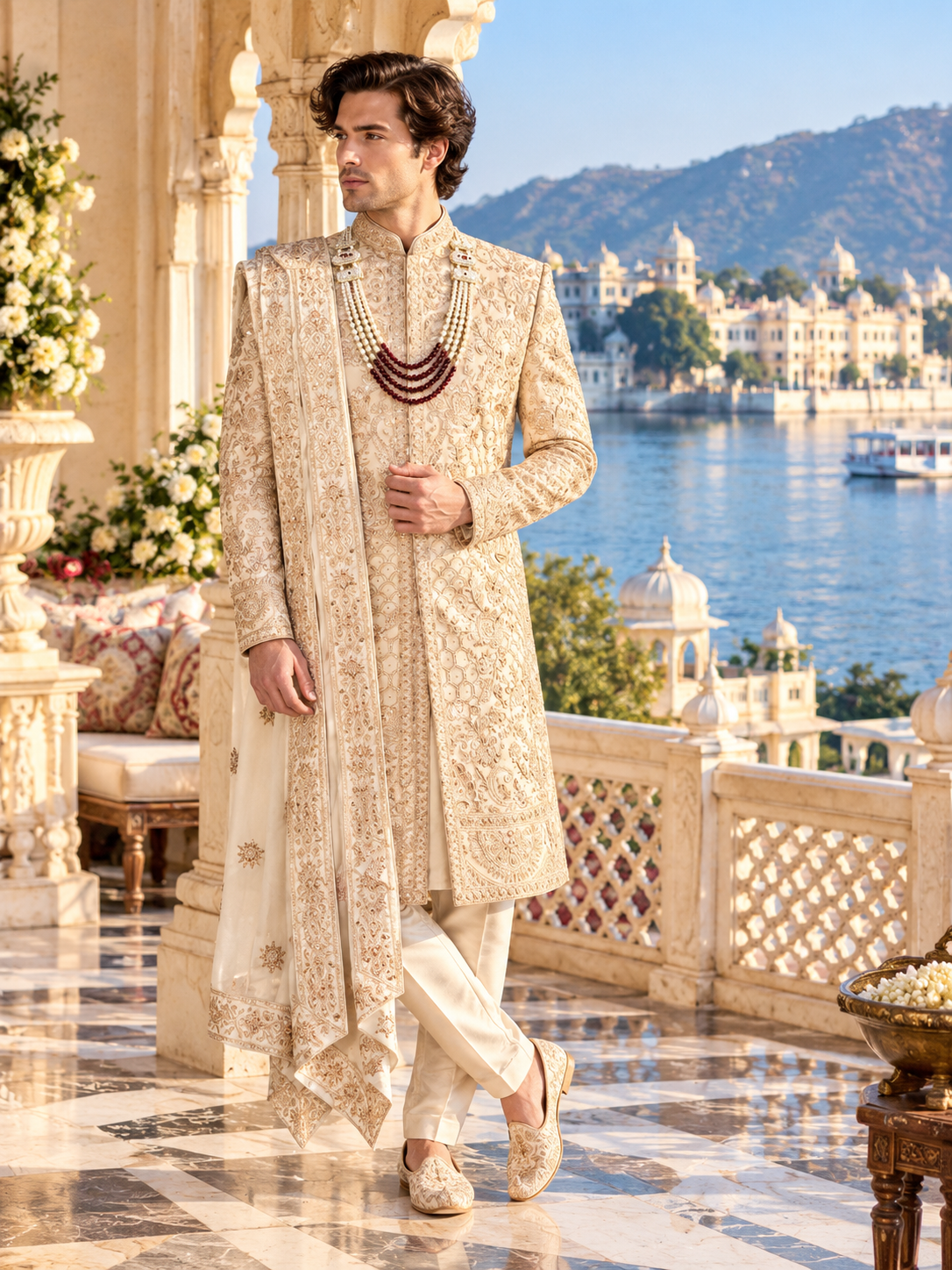 Champagne Golden Wedding Groom Sherwani - Diamond Zari Embroidery | Sherwani For Men