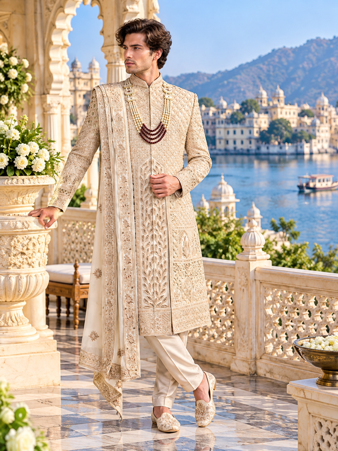 Champagne Golden Wedding Groom Sherwani - Laser Cut Design  | Sherwani For Men