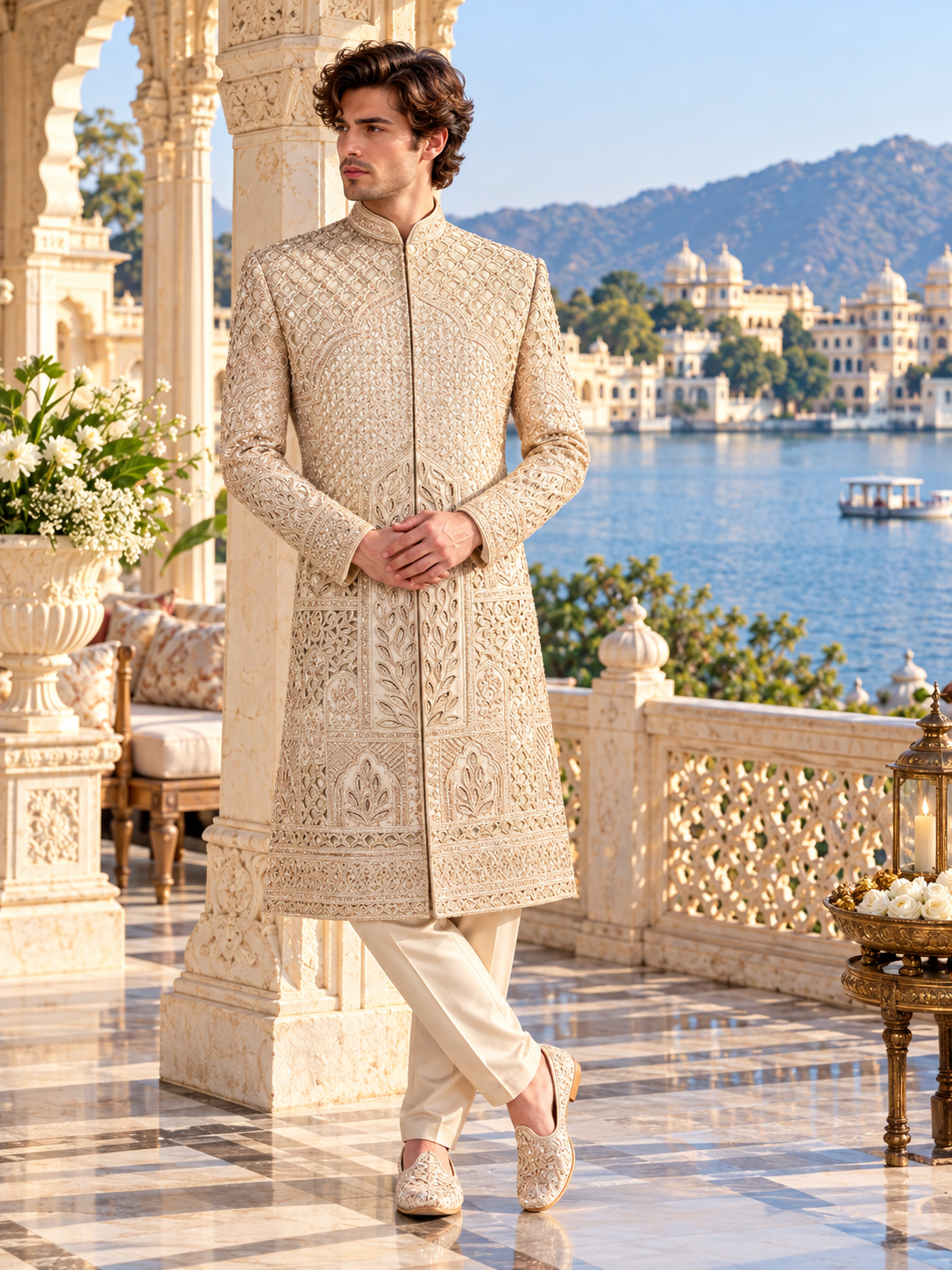 Champagne Golden Wedding Groom Sherwani - Laser Cut Design  | Sherwani For Men