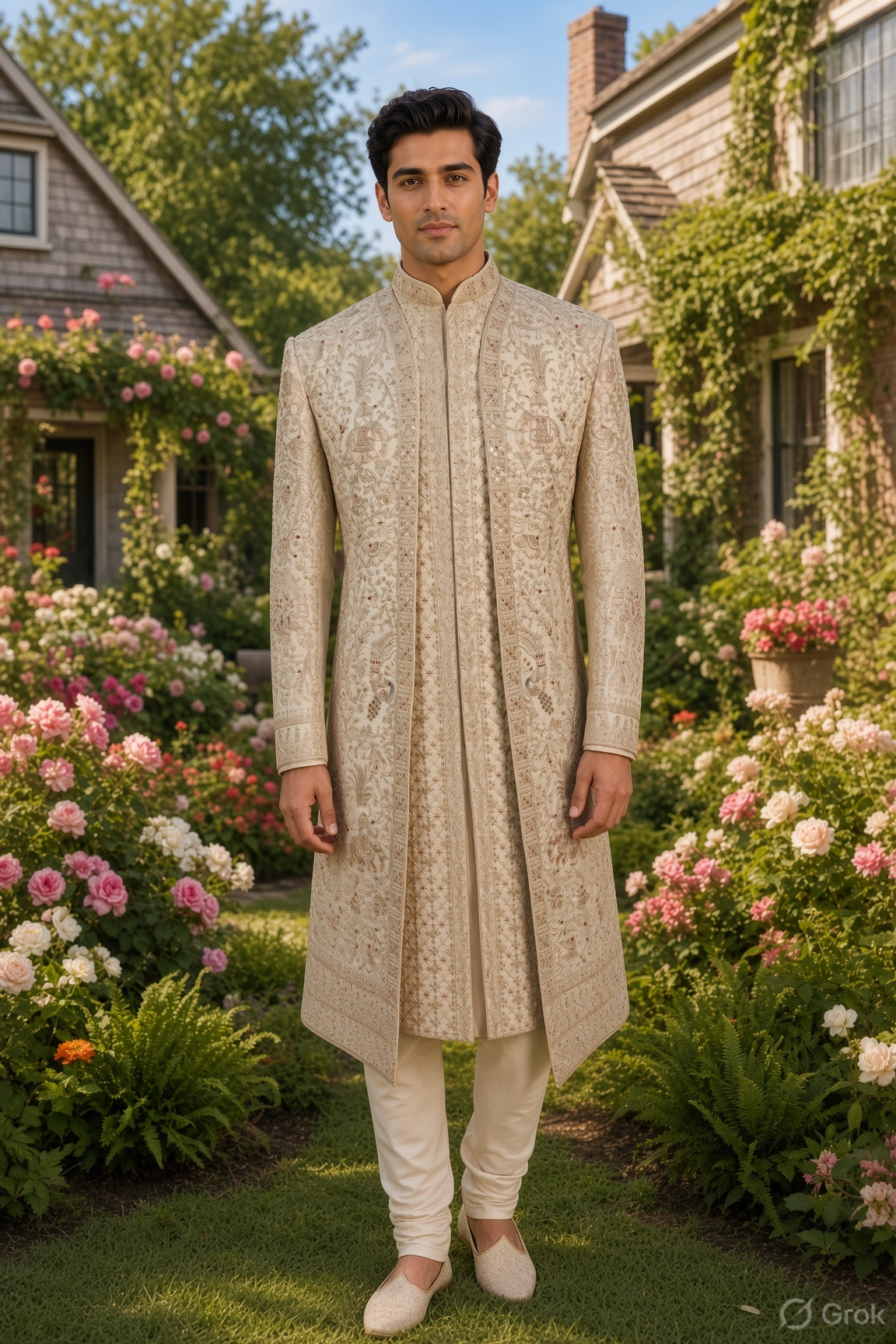 Light Golden Groom Sherwani - Peacock & Elephant Design | Sherwani For Men