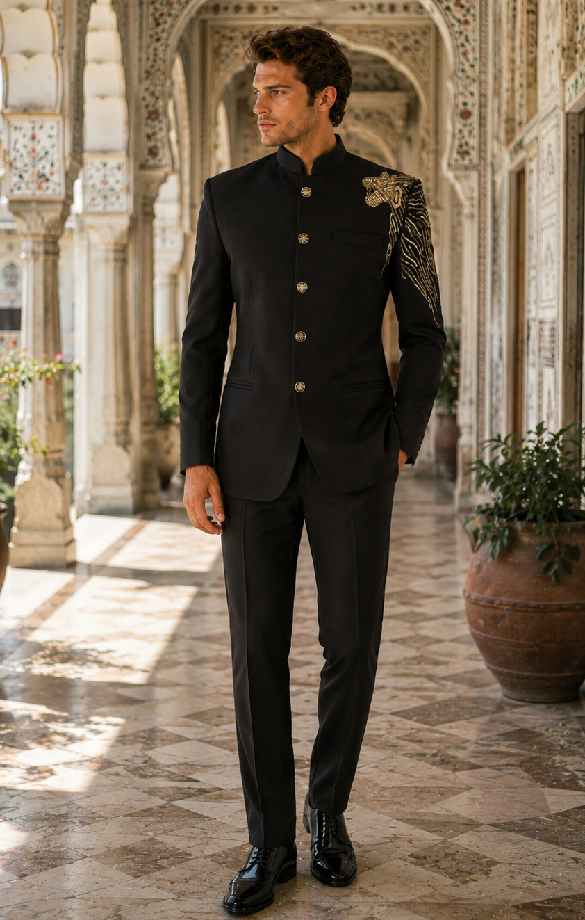 A man wearing a black traditional Indian sherwani jacket with gold embroidery on the shoulder and gold buttons, paired with matching black trousers, standing in an ornate architectural corridor with arches and potted plants
