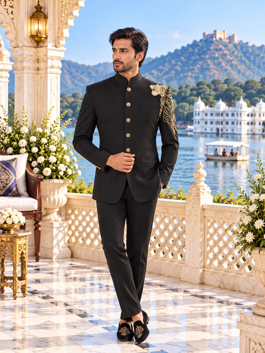 Lion Figure Black Jodhpuri Suit for Wedding – Custom Made | Indian Groom Outfit