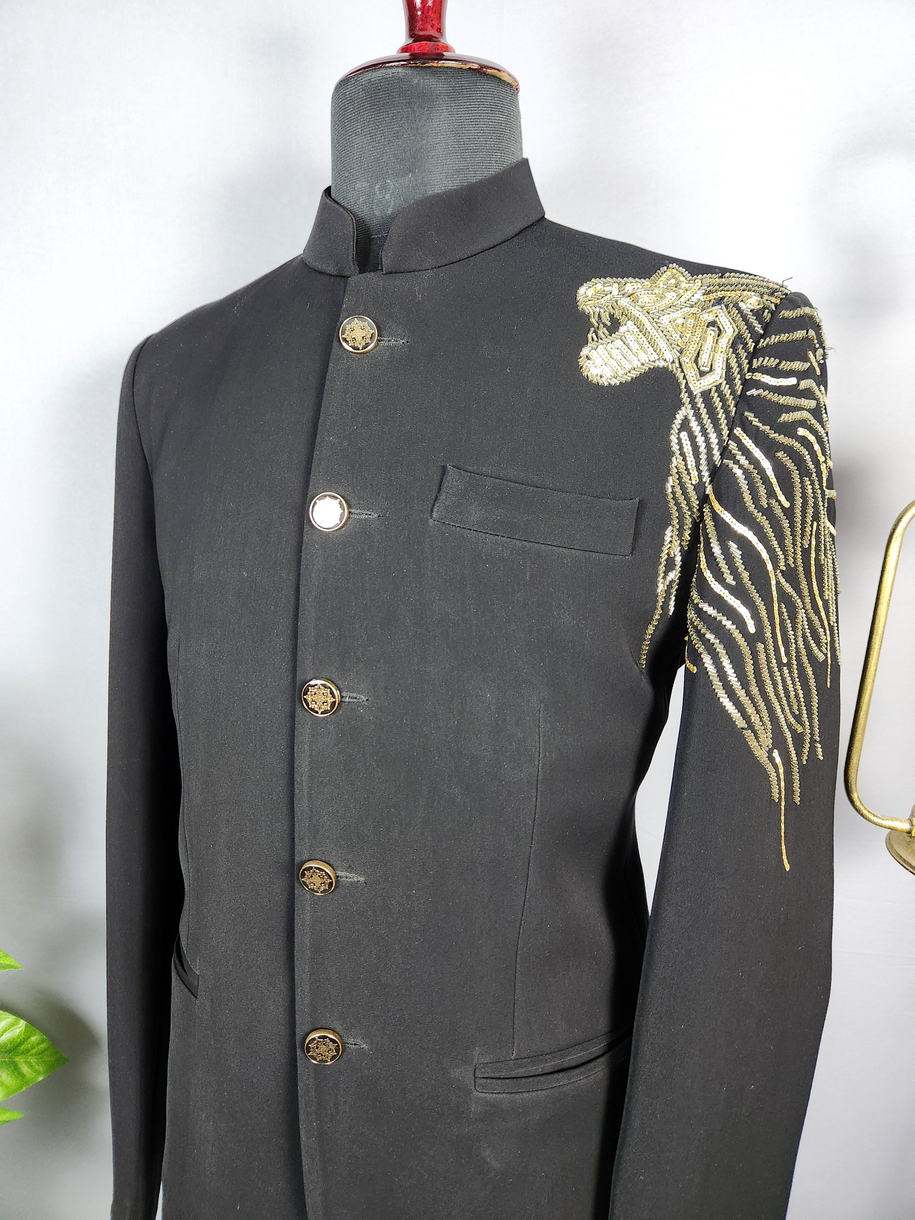Lion Figure Black Jodhpuri Suit for Men  -   Indian Wedding Outfit for Men
