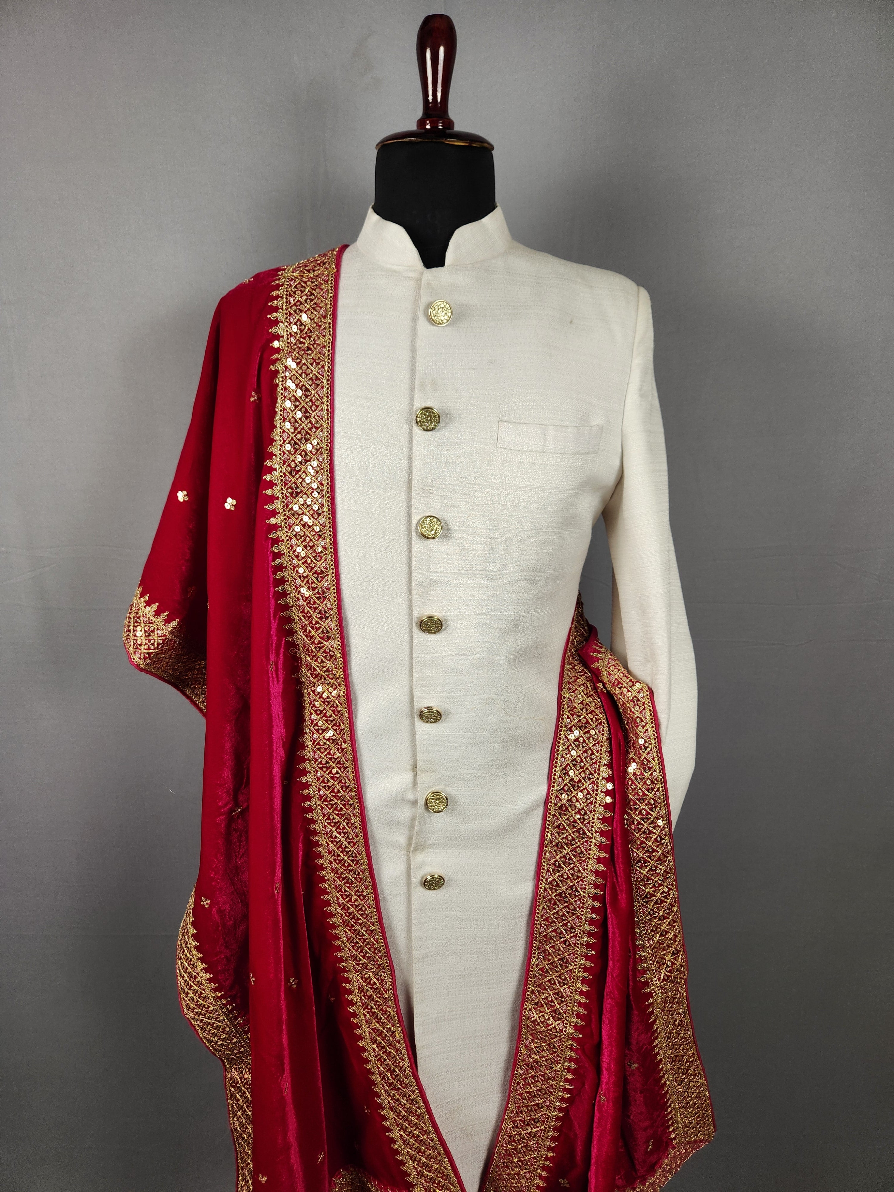 Magenta Groom Shawl - Gold Embroidered Wedding Shawl