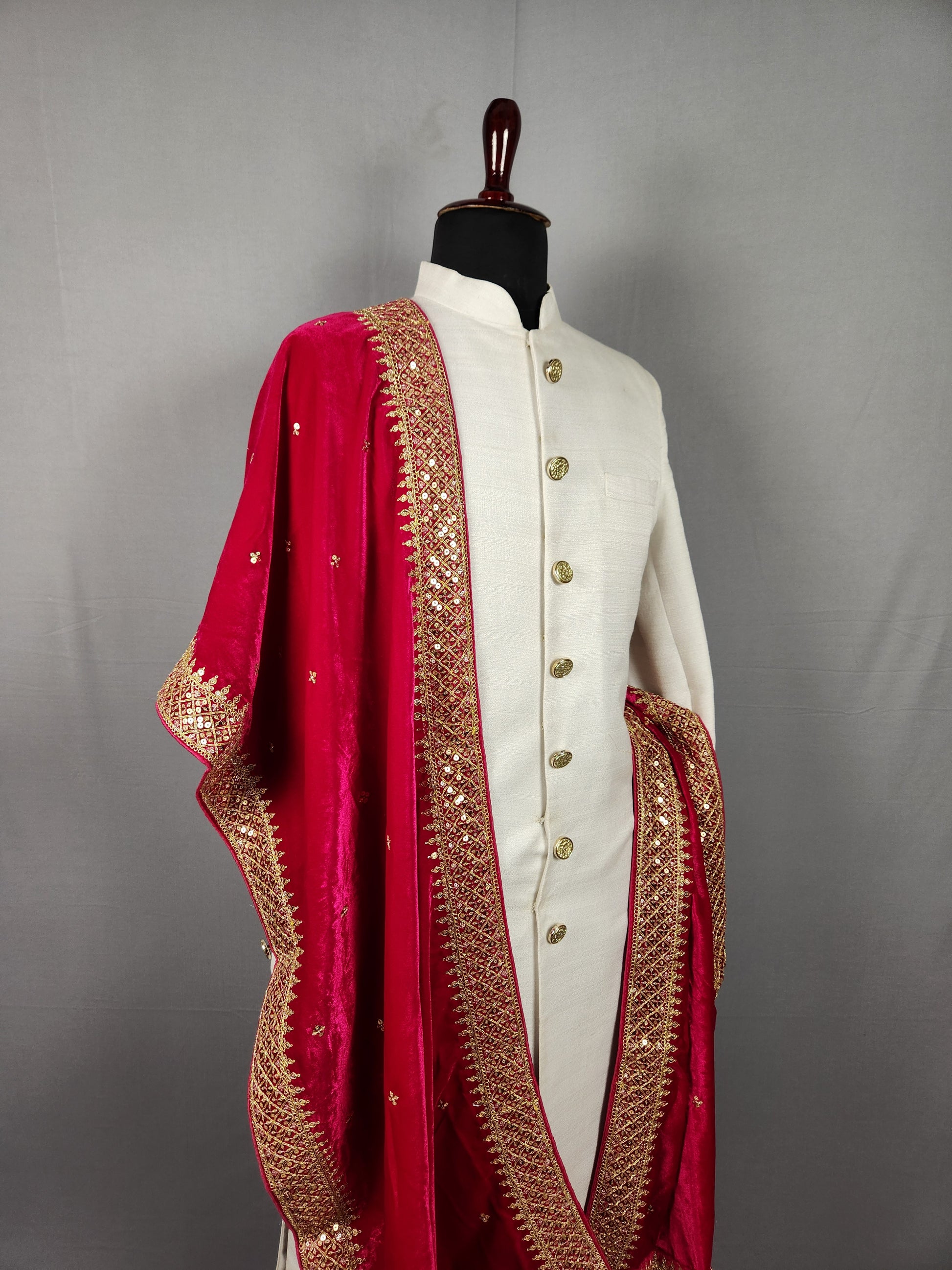 Magenta Groom Shawl - Gold Embroidered Wedding Shawl
