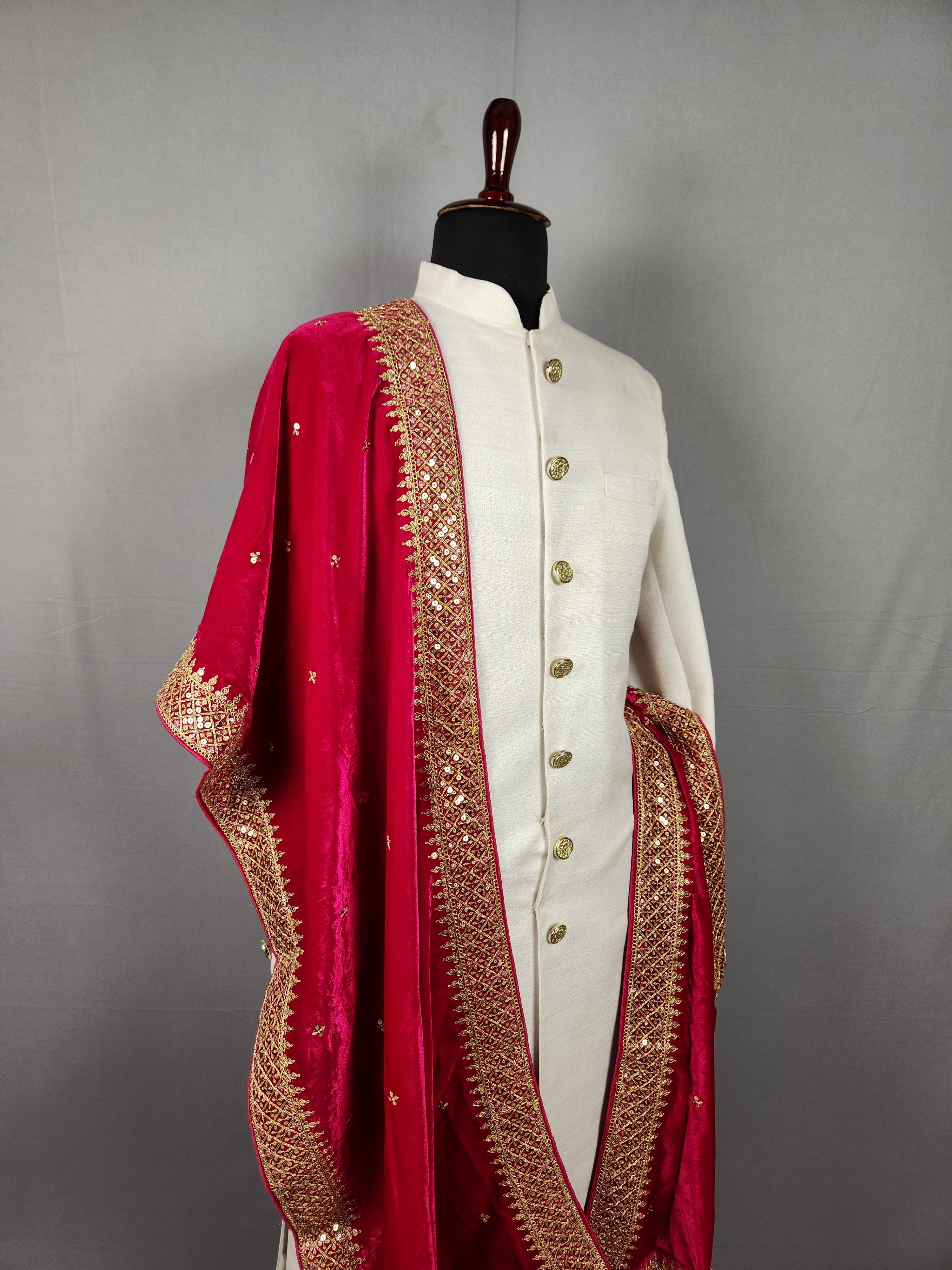 Magenta Groom Shawl - Gold Embroidered Wedding Shawl