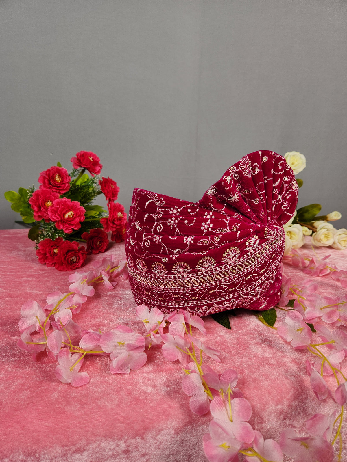 Magenta Groom Turban With White Embroidery | Safa For Men