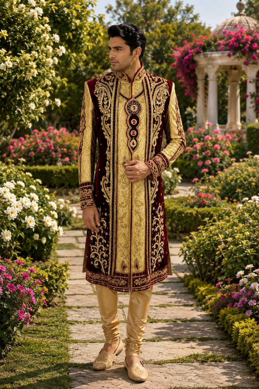 Golden Wedding Groom Sherwani - Maharaja Style | Sherwani For Men