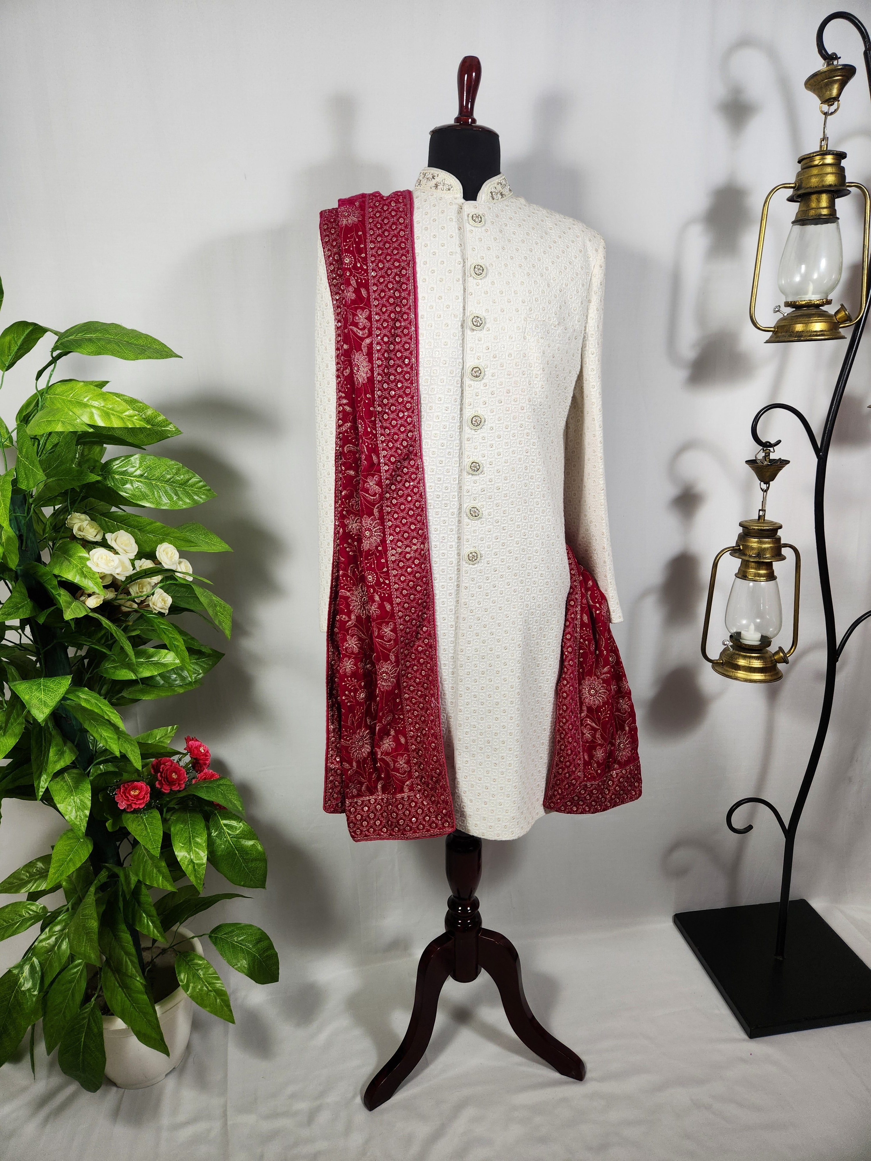 Magenta Groom Shawl - Golden Embroidery | Stole For Men