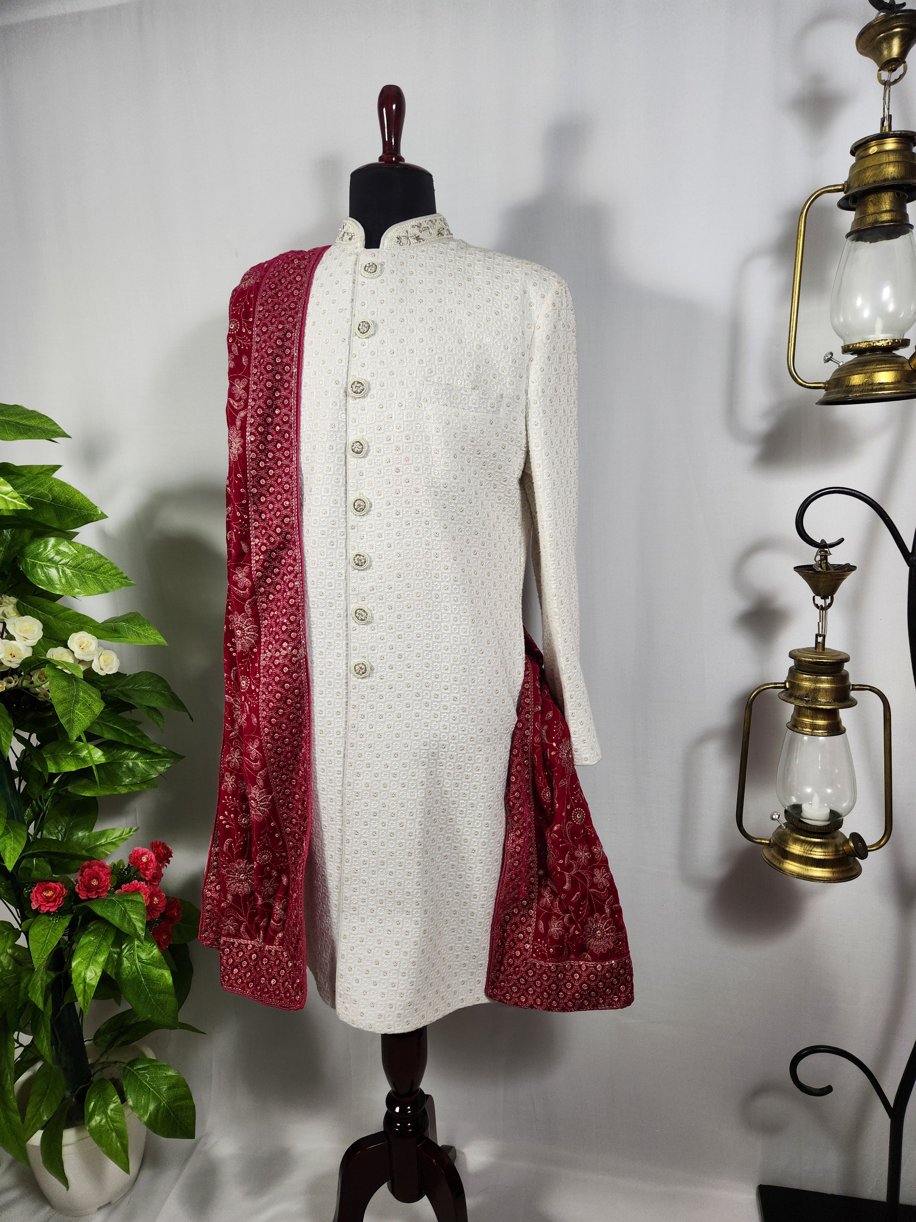 Magenta Groom Shawl - Golden Embroidery | Stole For Men