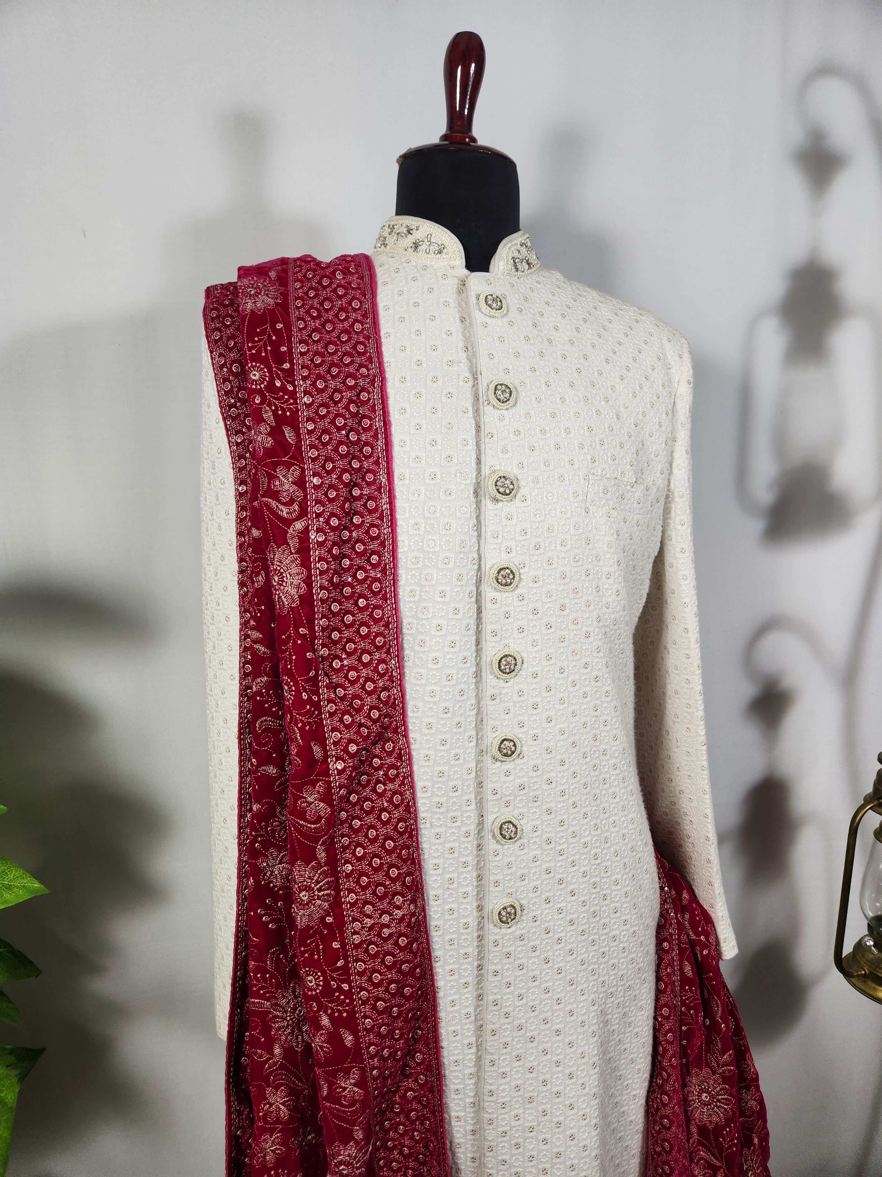 Magenta Groom Shawl - Golden Embroidery | Stole For Men