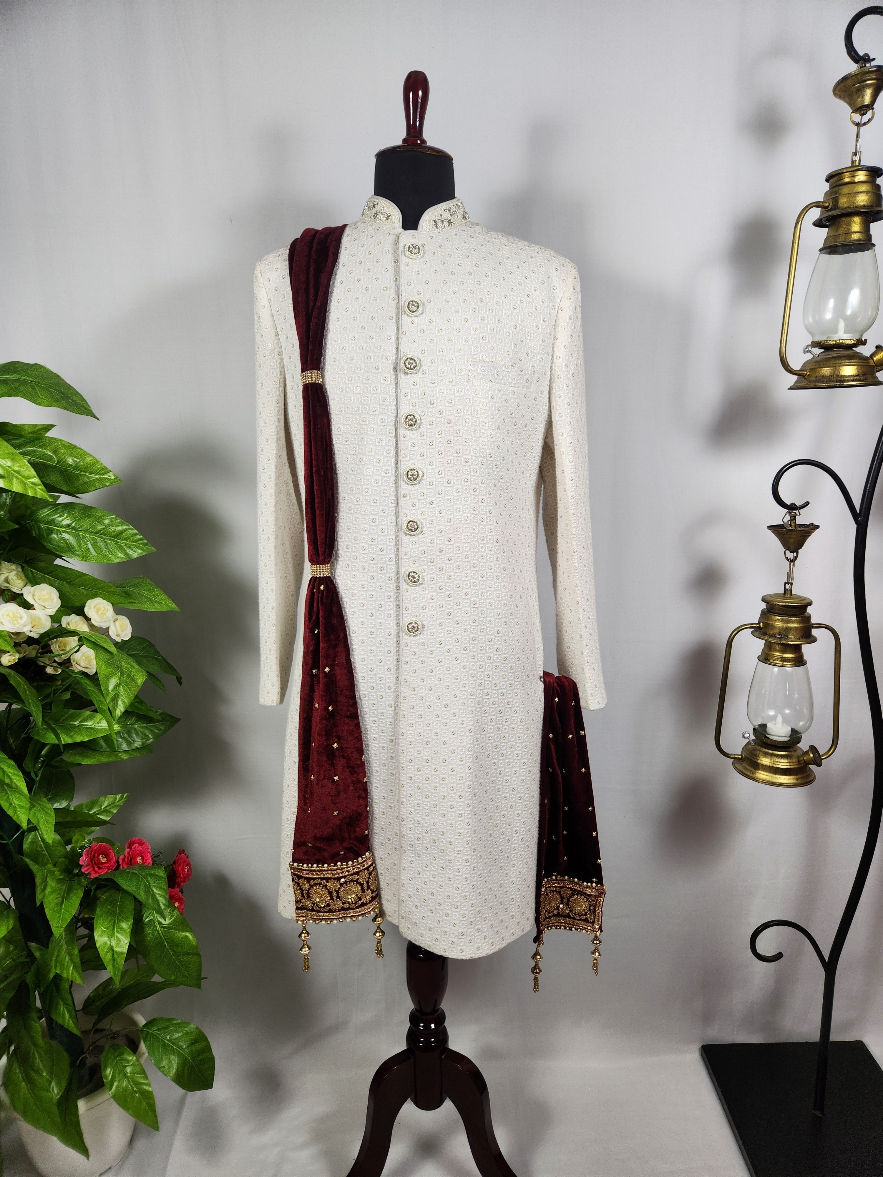 Maroon Groom Shawl - Golden Embroidery | Stole For Men