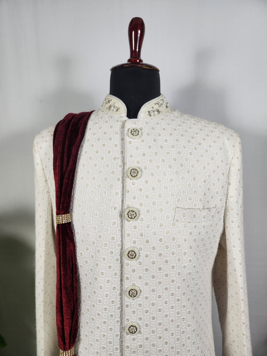 Maroon Groom Shawl - Golden Embroidery | Stole For Men
