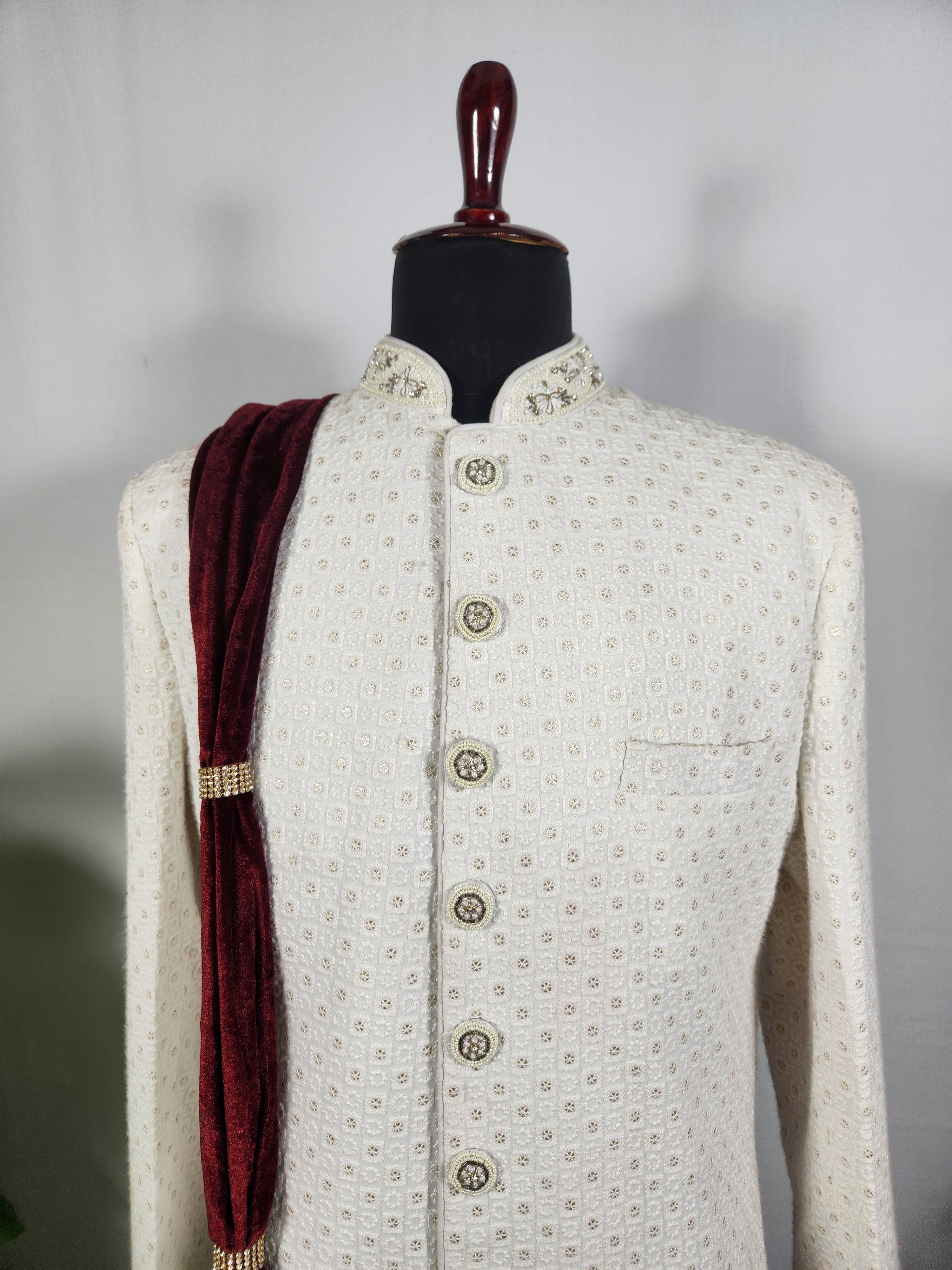Maroon Groom Shawl - Golden Embroidery | Stole For Men