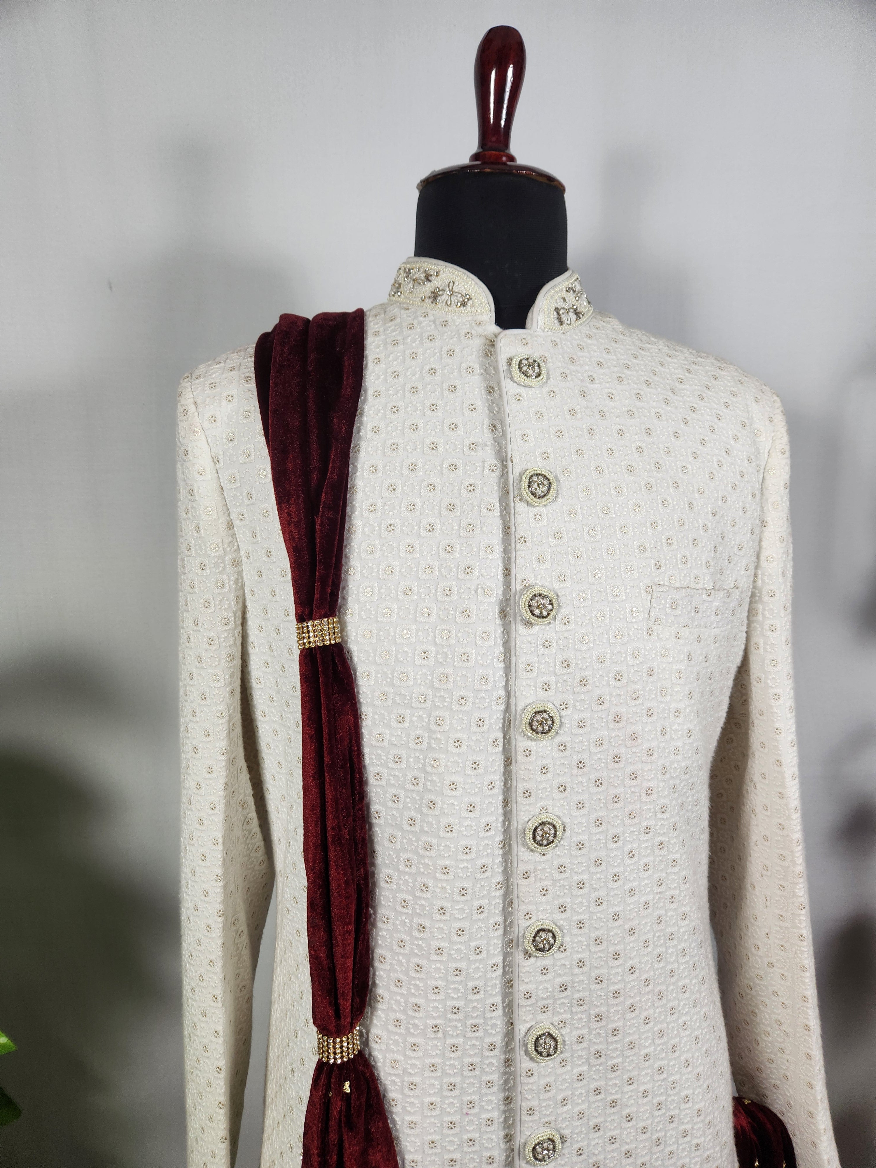 Maroon Groom Shawl - Golden Embroidery | Stole For Men