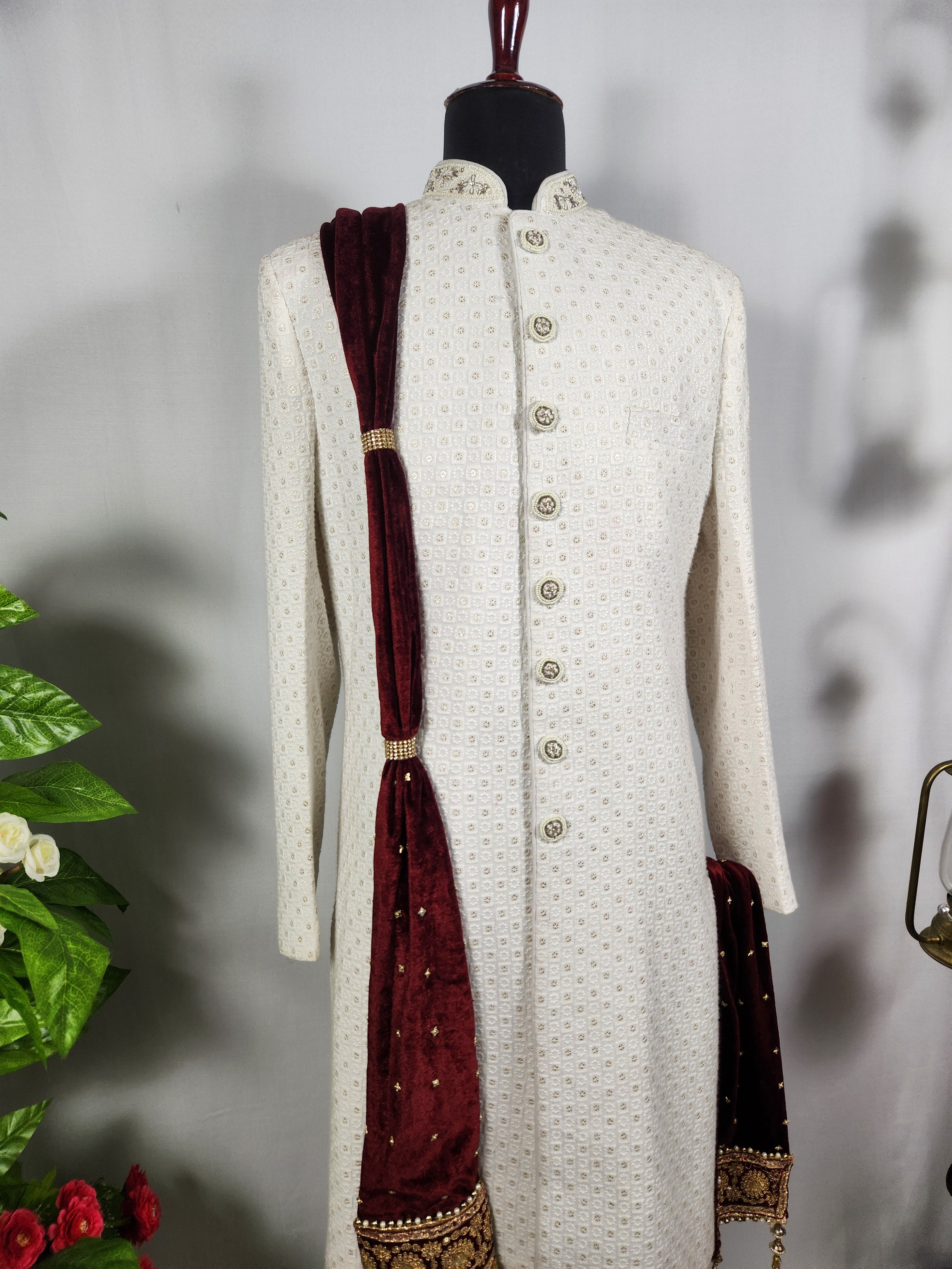 Maroon Groom Shawl - Golden Embroidery | Stole For Men