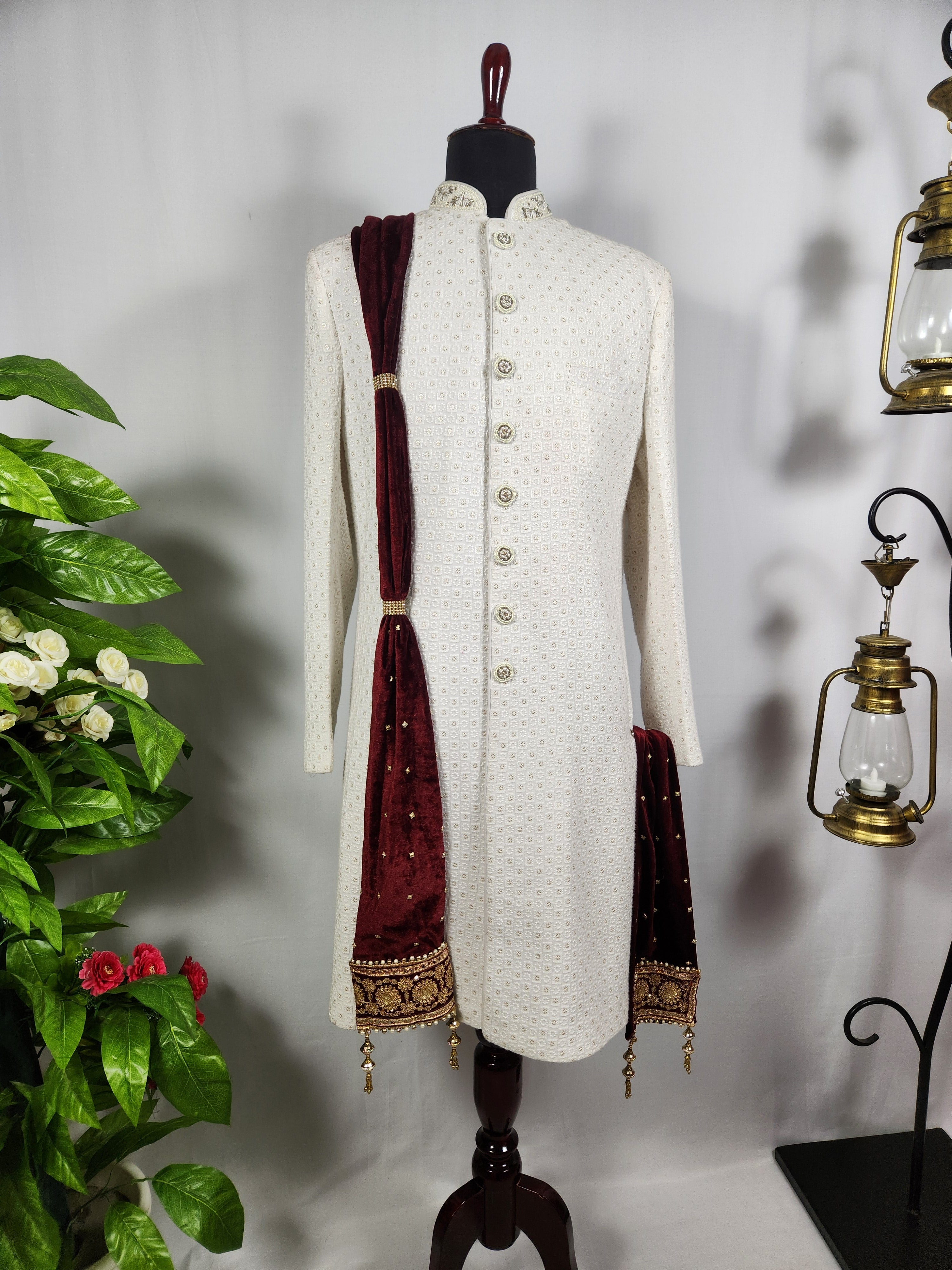 Maroon Groom Shawl - Golden Embroidery | Stole For Men