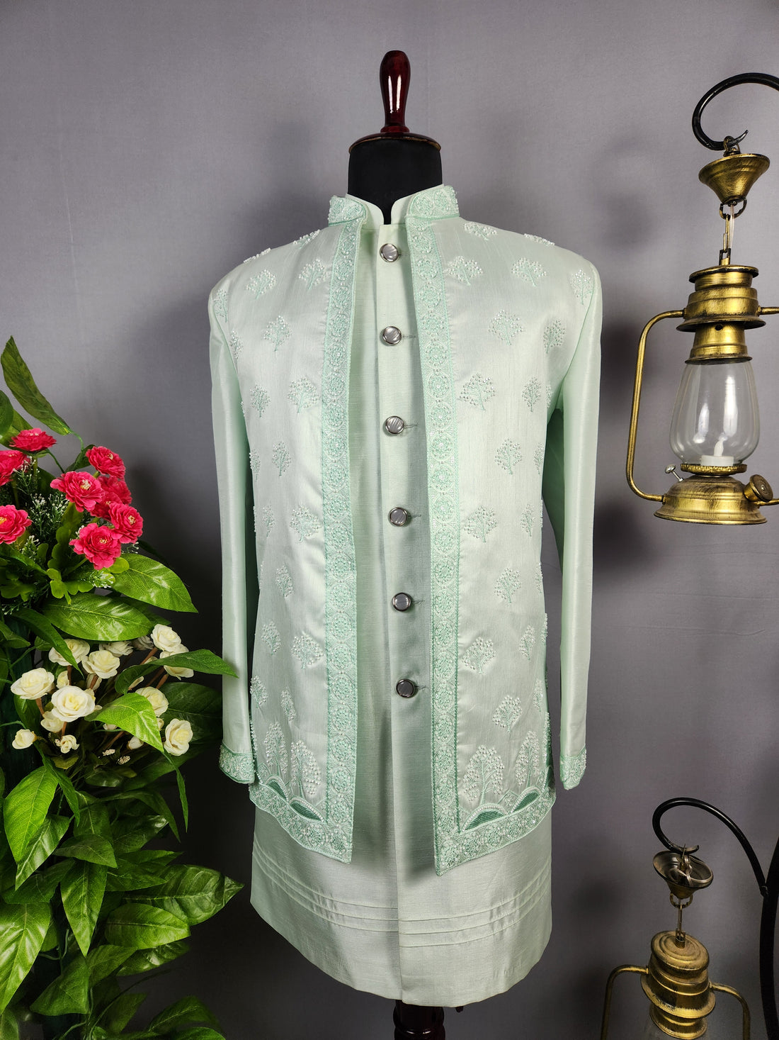Mint Green Indo-Western Sherwani for Groom  -   Indian Wedding Outfit for Men
