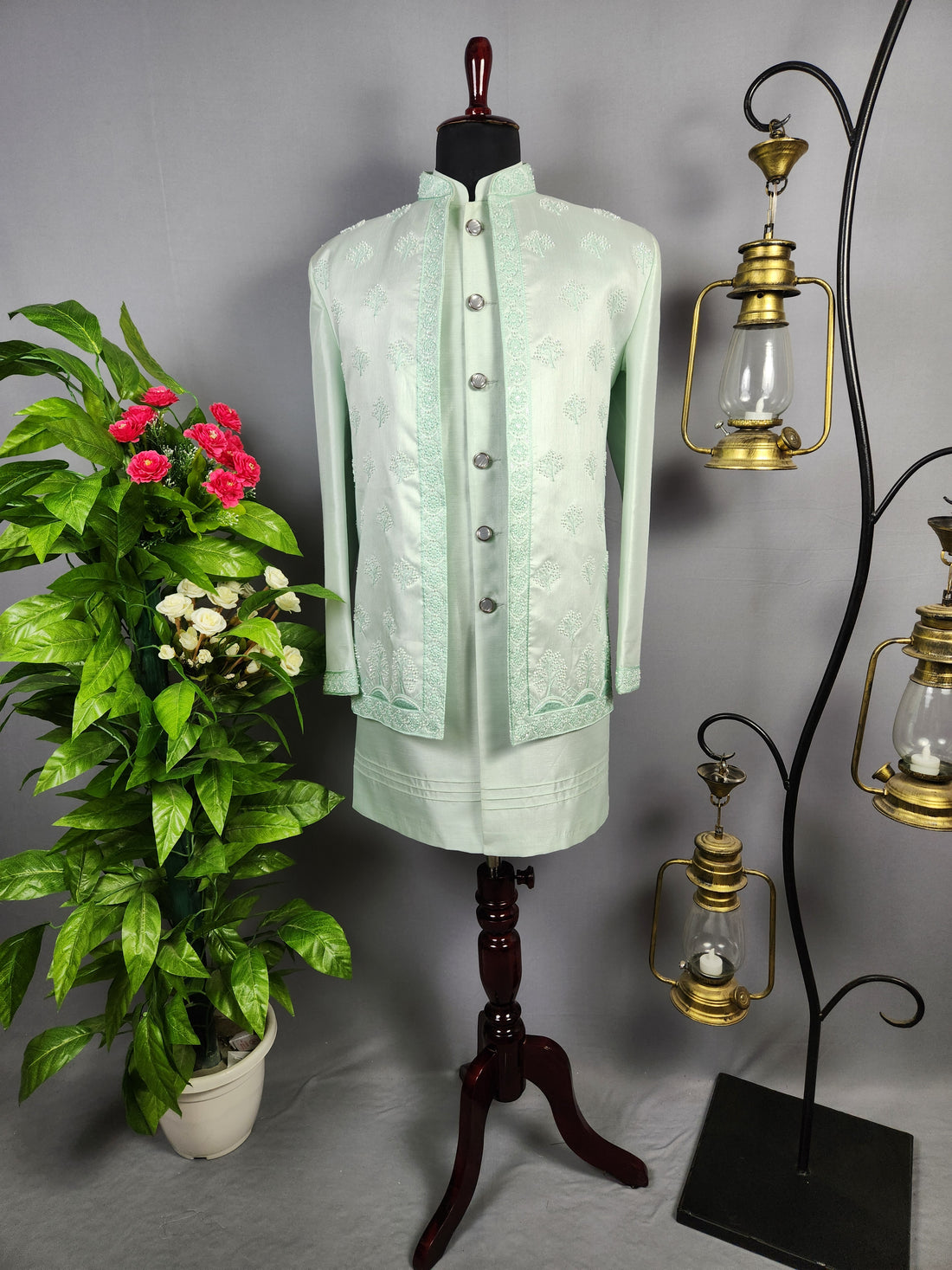 Mint Green Indo-Western Sherwani for Groom  -   Indian Wedding Outfit for Men
