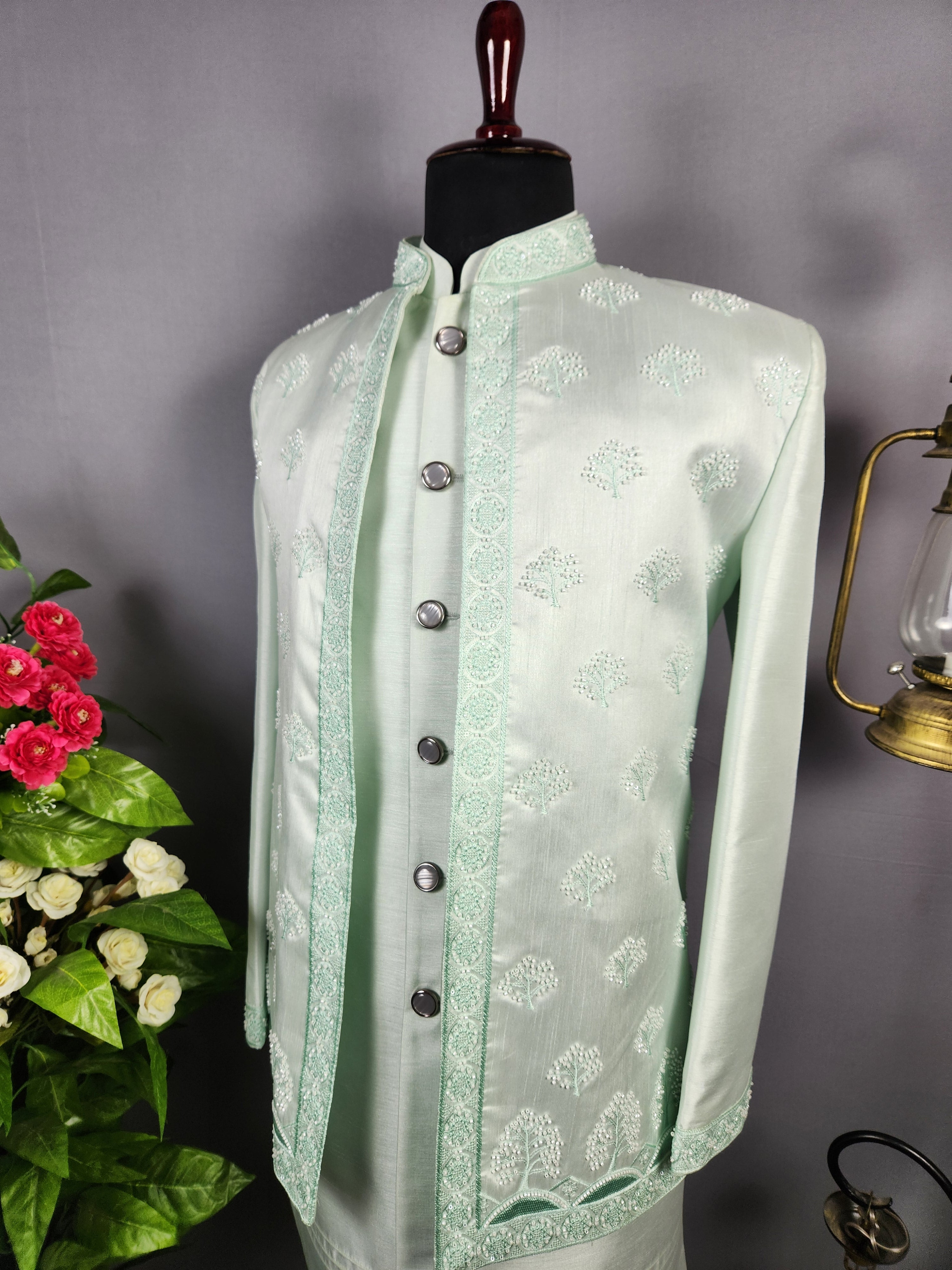 Mint Green Indo-Western Sherwani for Groom  -   Indian Wedding Outfit for Men
