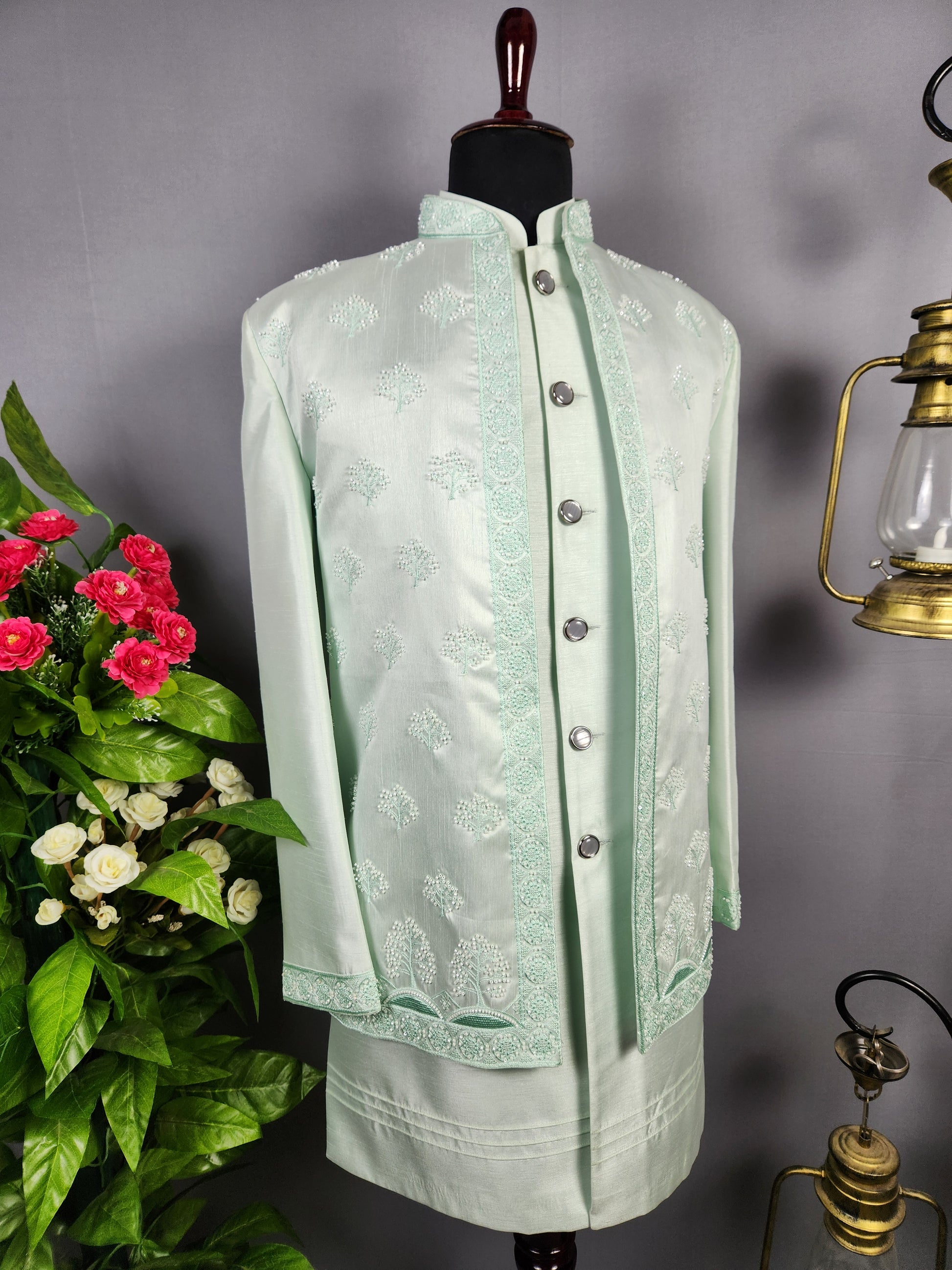 Mint Green Indo-Western Sherwani for Groom  -   Indian Wedding Outfit for Men
